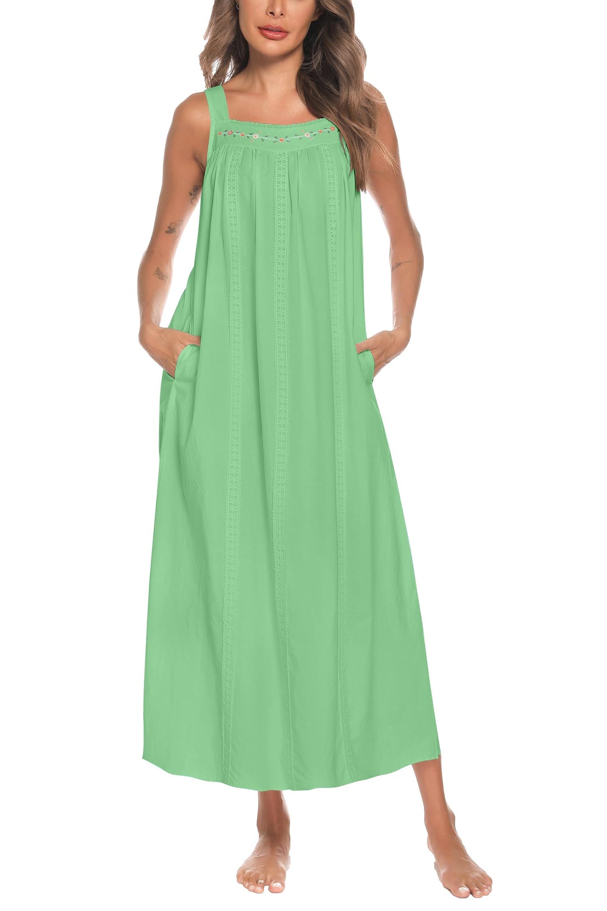 YOZLY Cotton Nightgowns for Women Embroidery Sleeveless Night Gown with Pockets S-XXXL