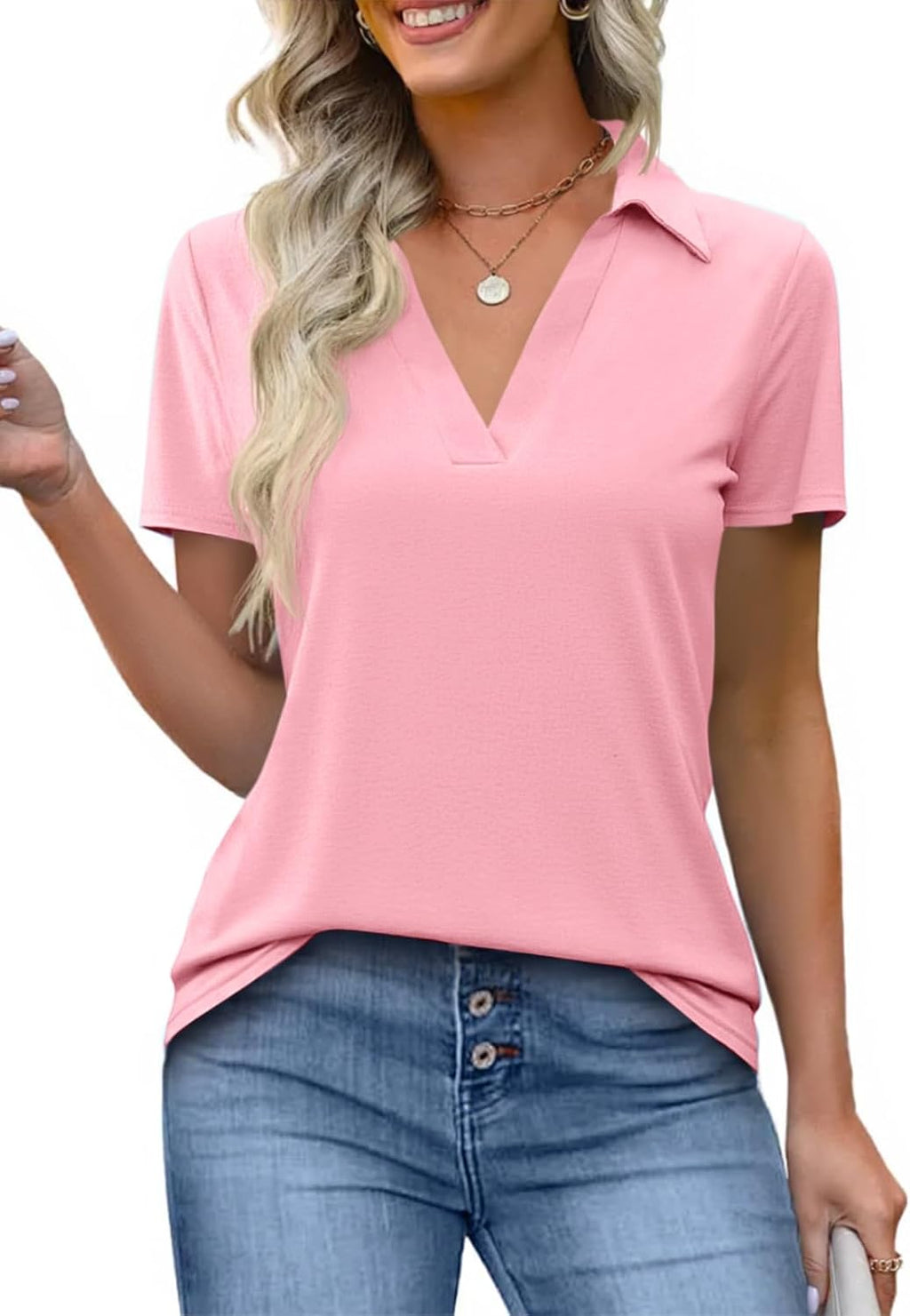 Imily Bela Womens Short Sleeve Polo Shirts V Neck Collared Tops