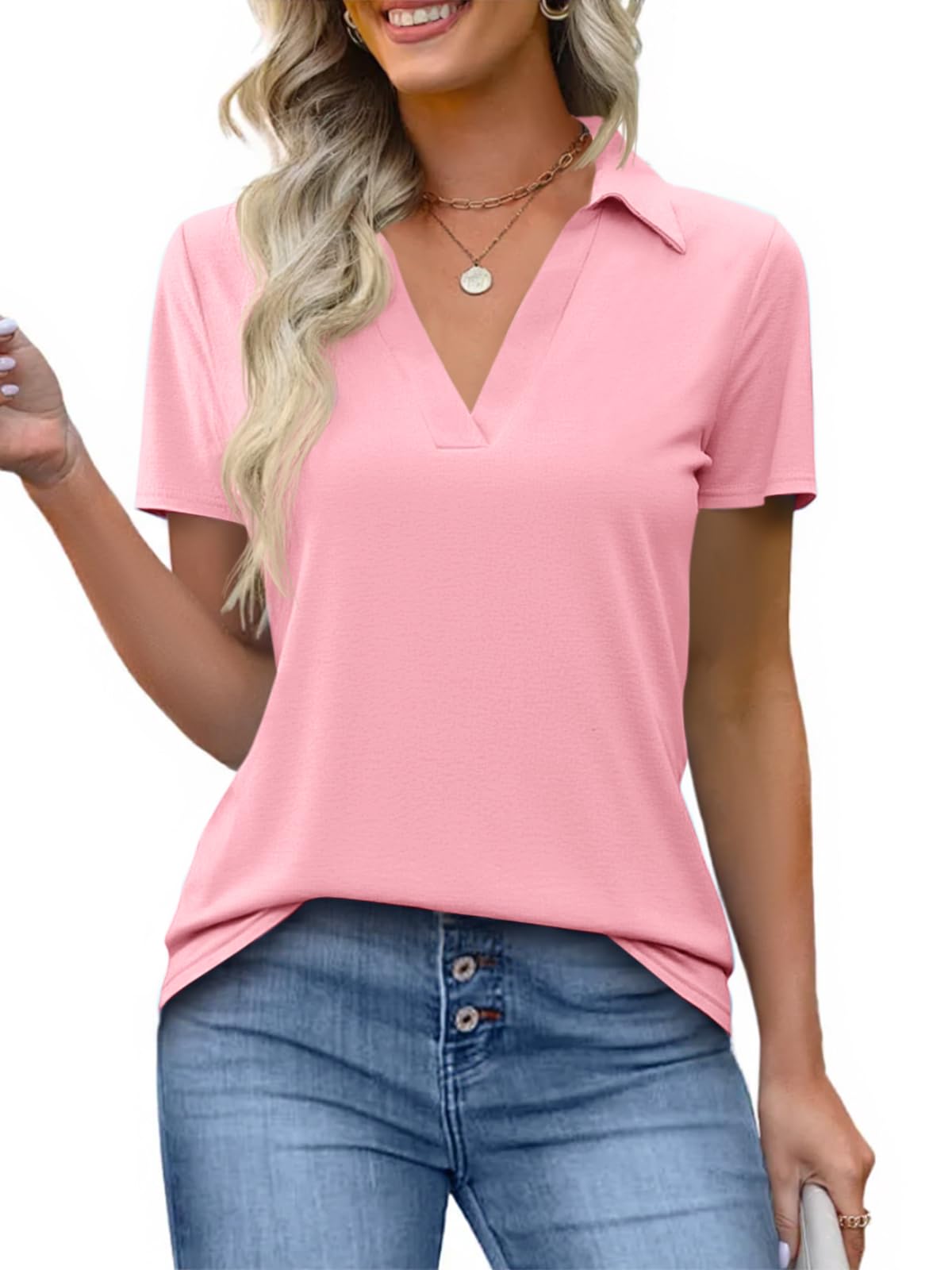 Imily Bela Womens Short Sleeve Polo Shirts V Neck Collared Tops
