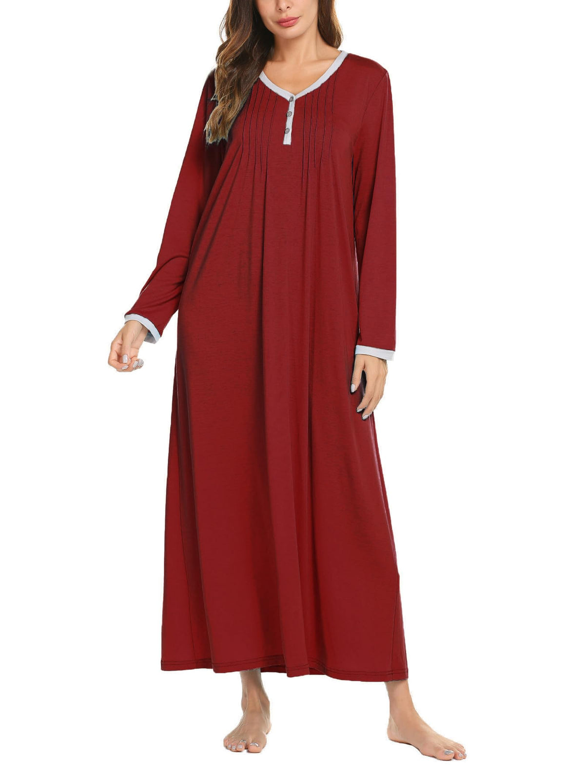 Ekouaer Women's Long Sleeve Nightgown Full Length Sleepwear Long Sleepshirts Henley Sleep Dress