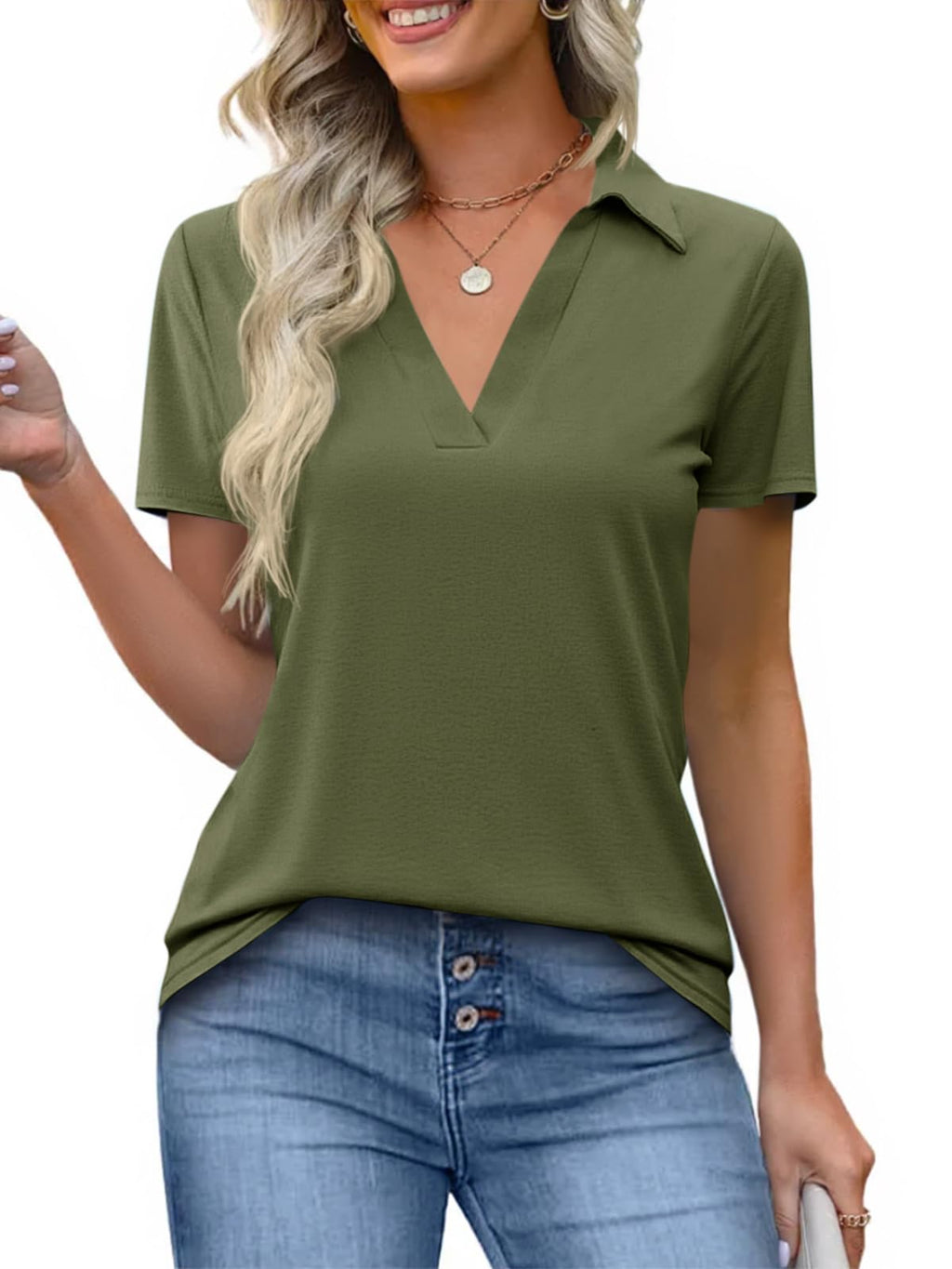 Imily Bela Womens Short Sleeve Polo Shirts V Neck Collared Tops