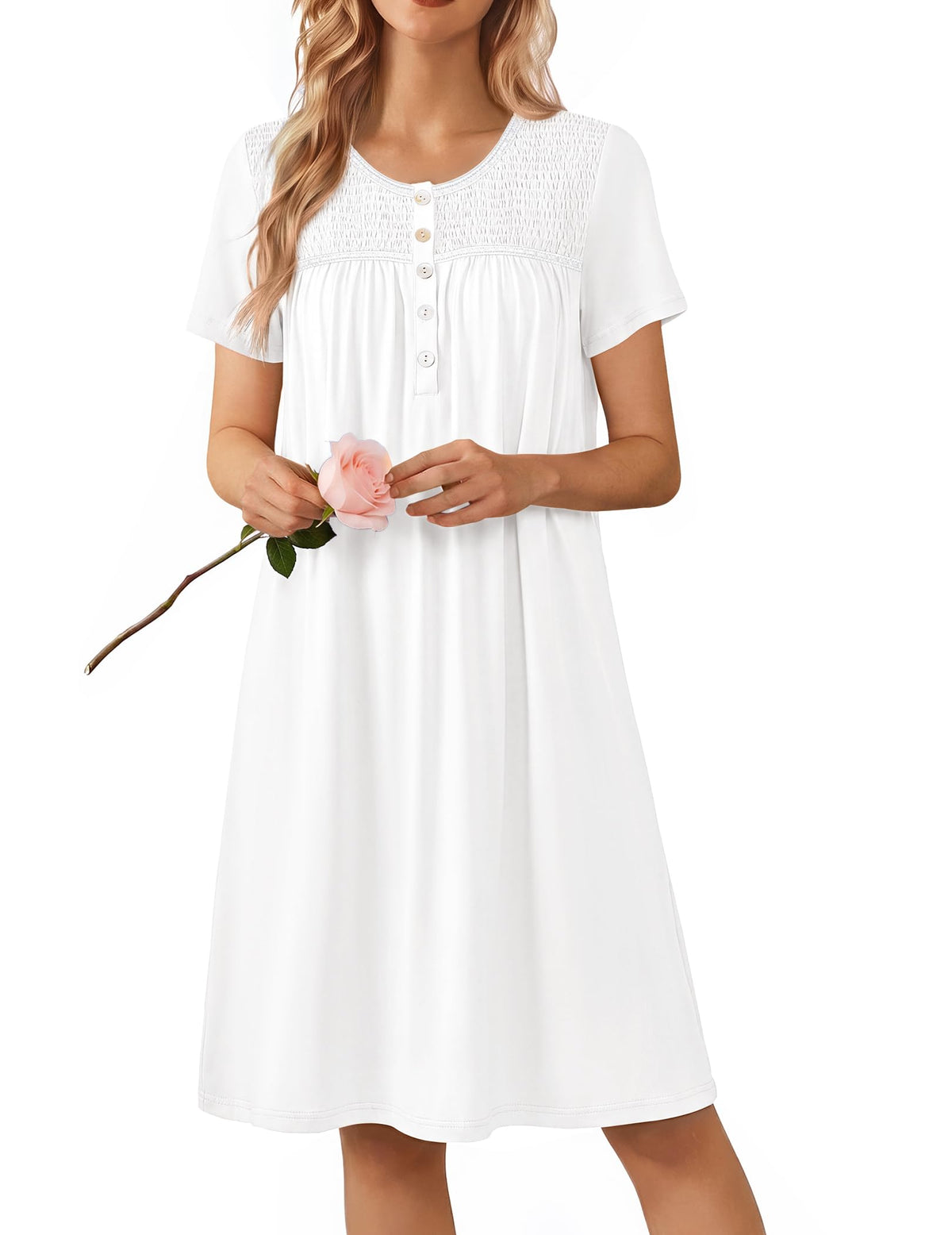 Ekouaer Nightgowns for Women Smocked Night Gown Short Sleeve Sleepshirts