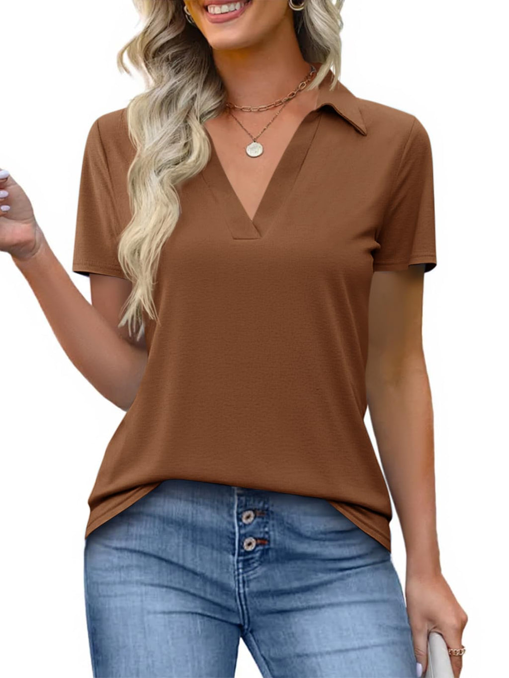 Imily Bela Womens Short Sleeve Polo Shirts V Neck Collared Tops