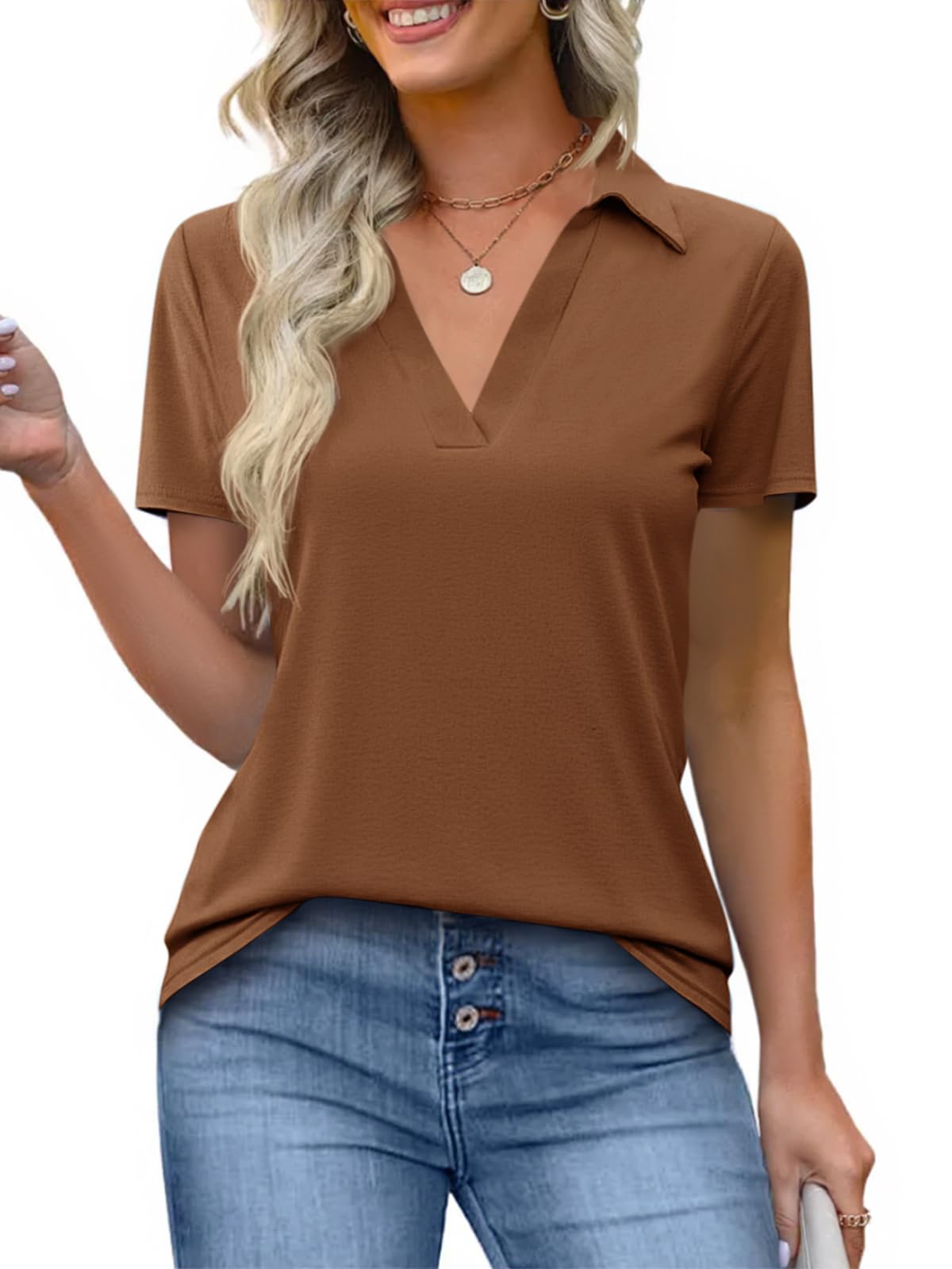 Imily Bela Womens Short Sleeve Polo Shirts V Neck Collared Tops