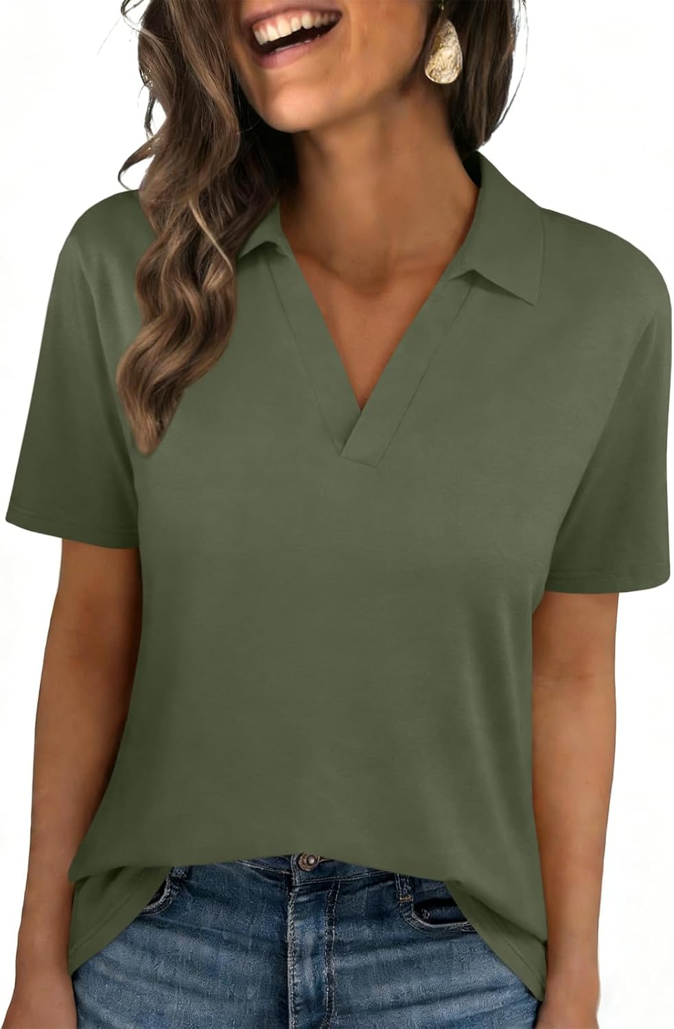 Womens Polo Shirts Short Sleeve V Neck Collared Business Summer Blouse Top