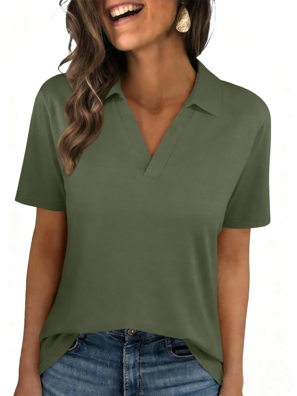 Womens Polo Shirts Short Sleeve V Neck Collared Business Summer Blouse Top