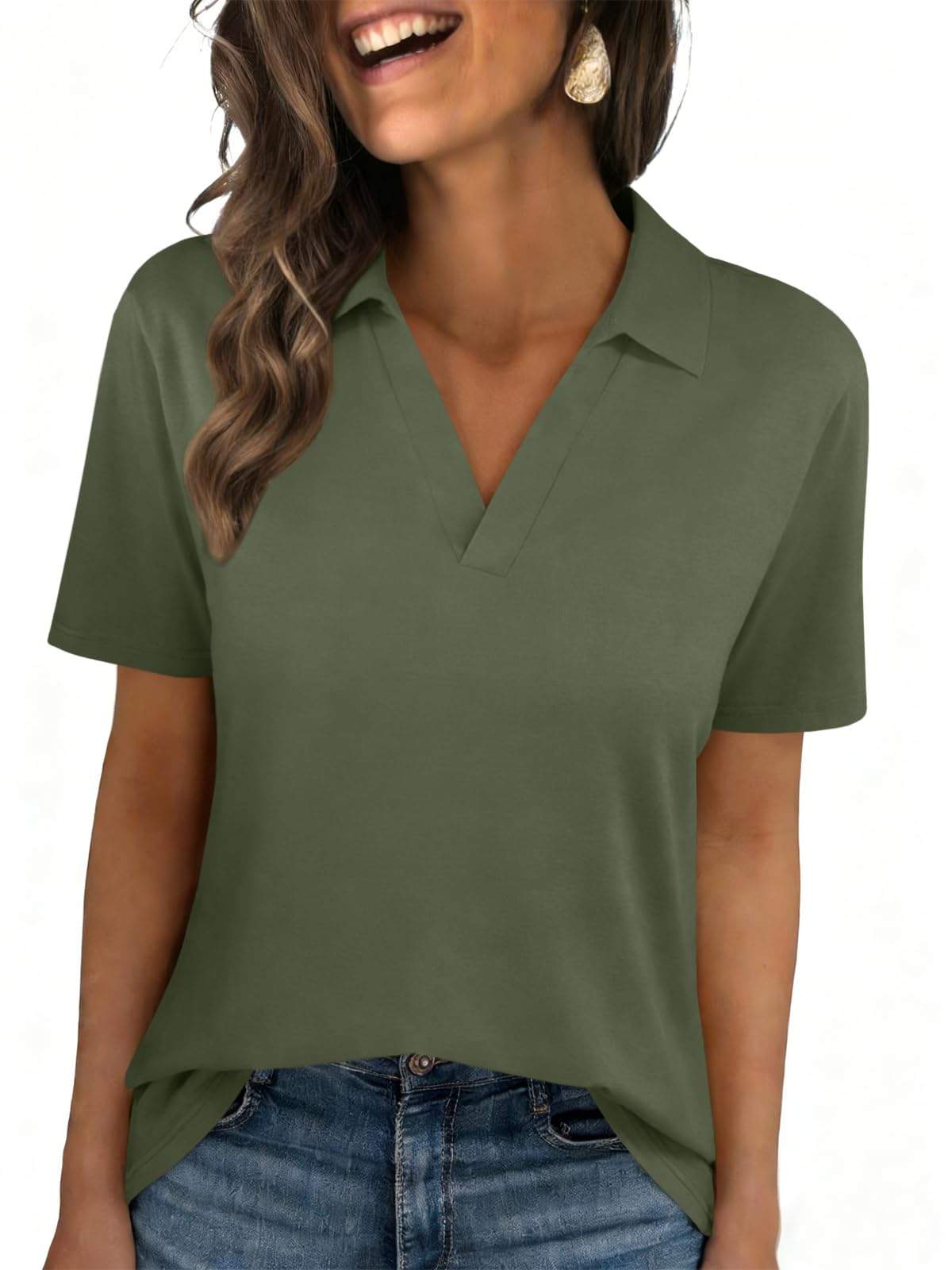 Womens Polo Shirts Short Sleeve V Neck Collared Business Summer Blouse Top