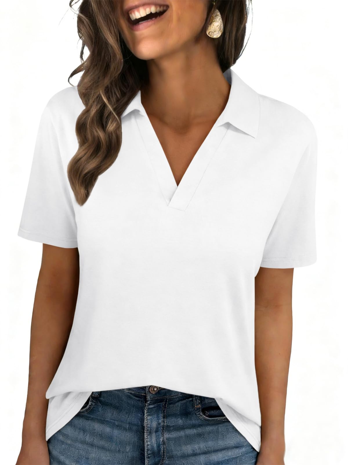 Womens Polo Shirts Short Sleeve V Neck Collared Business Summer Blouse Top