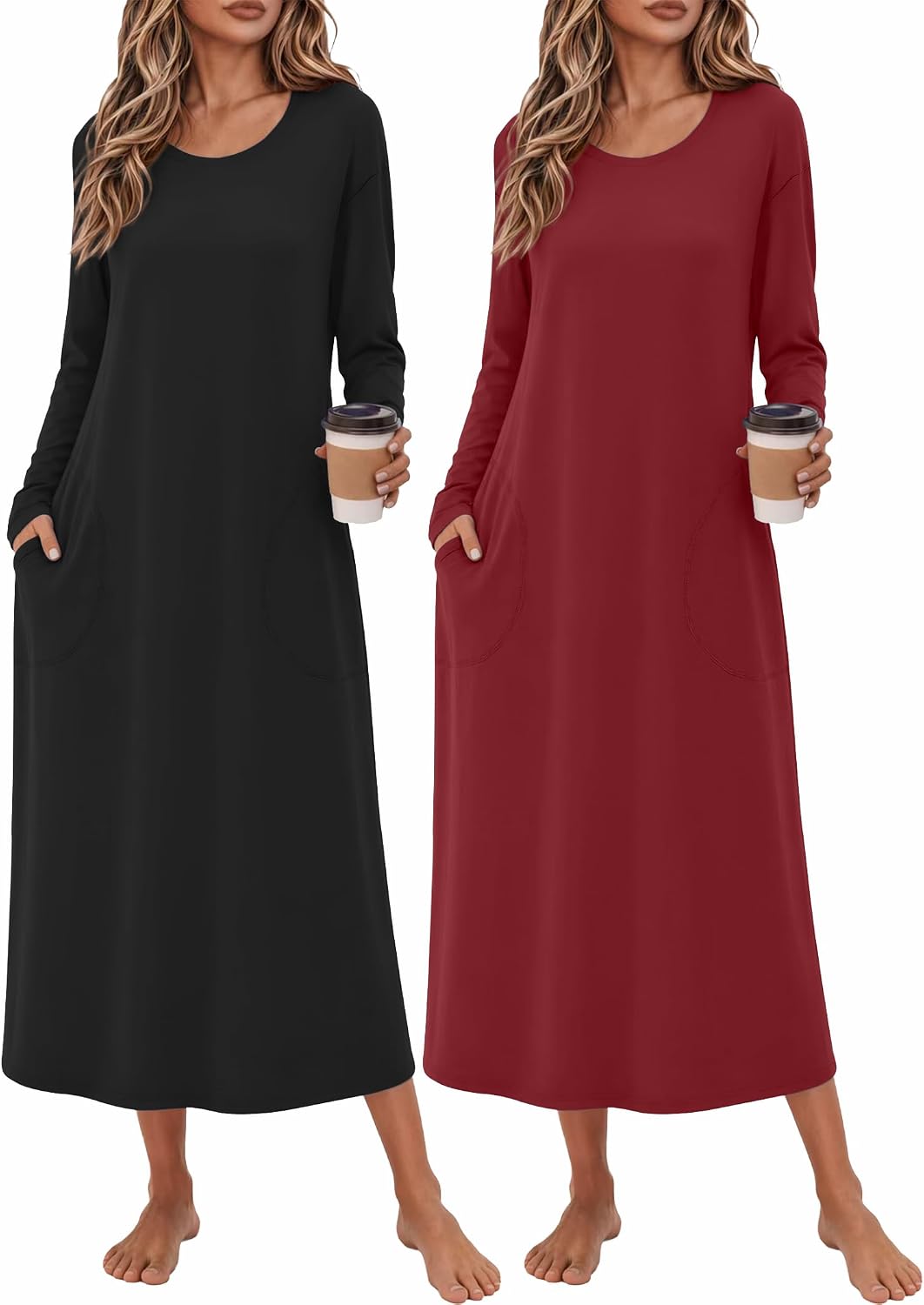 Ekouaer 2 Pack Long Nightgowns for Women Long Sleeve Nightgown with Pocket