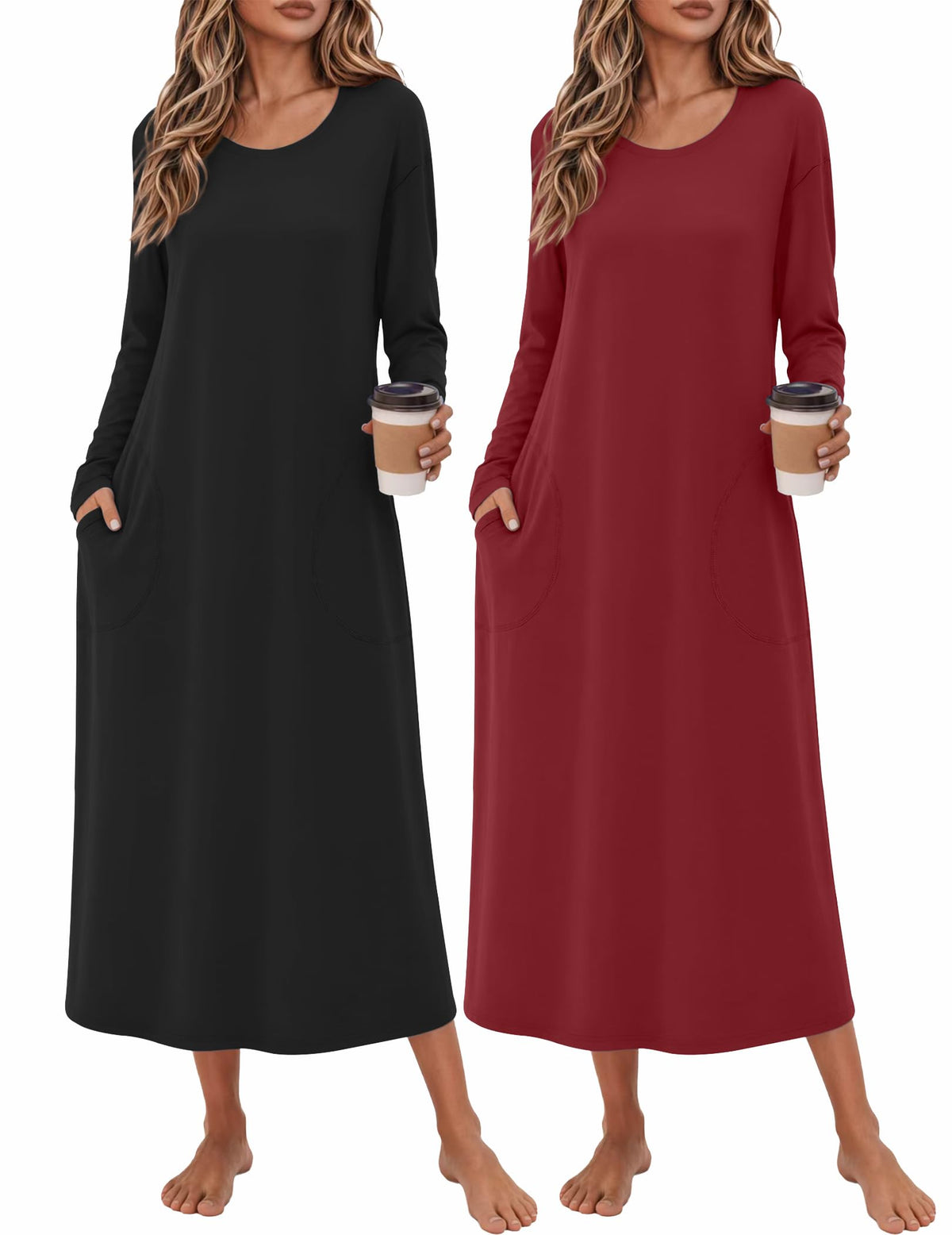 Ekouaer 2 Pack Long Nightgowns for Women Long Sleeve Nightgown with Pocket