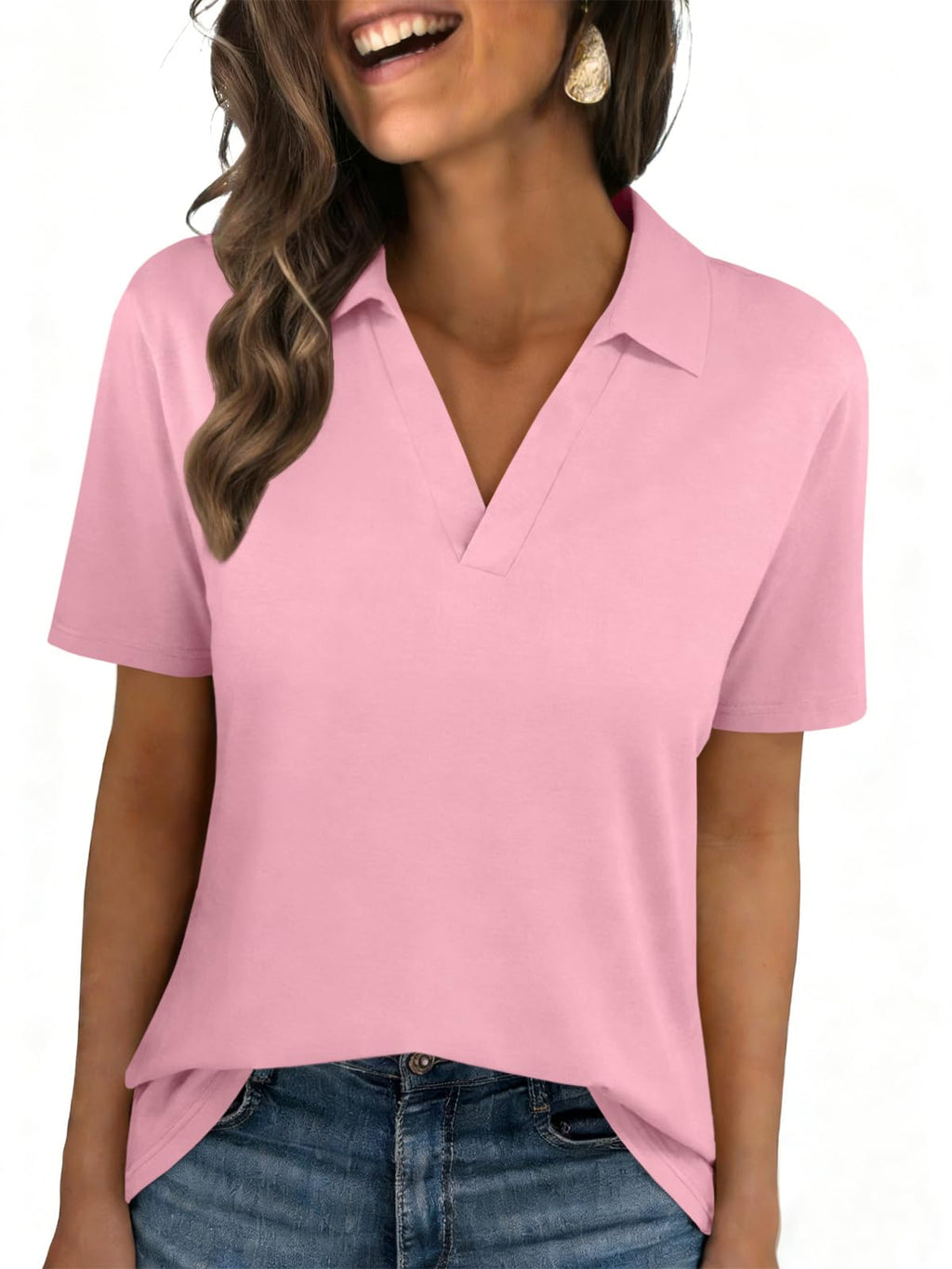 Womens Polo Shirts Short Sleeve V Neck Collared Business Summer Blouse Top