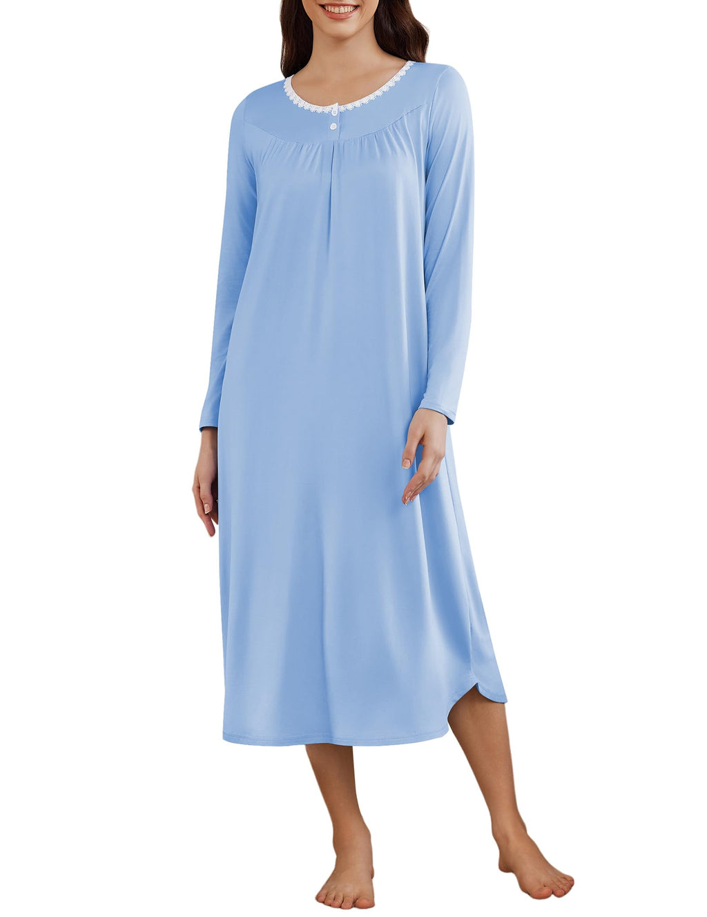 Ekouaer Womens Long Sleeve Nightgowns Long Sleepshirts Henley Sleep Dress