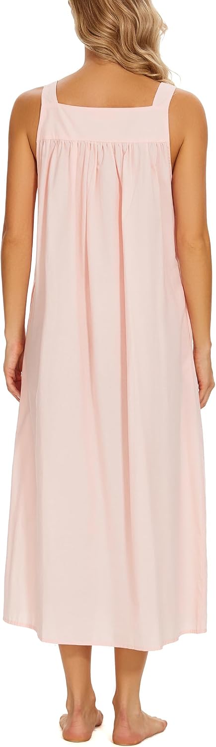 YOZLY Cotton Nightgowns for Women Embroidery Sleeveless Night Gown with Pockets S-XXXL