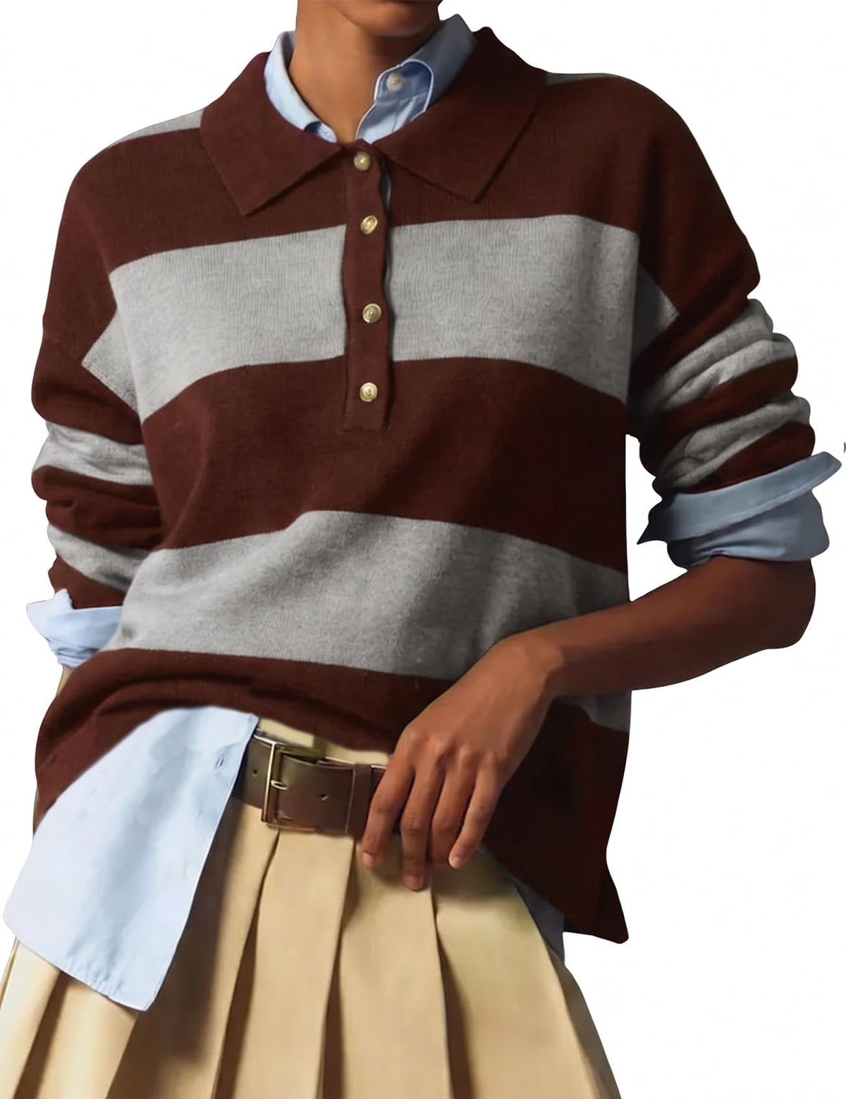 Wyeysyt Polo Sweater Women Rugby Shirt Striped Collared Sweaters