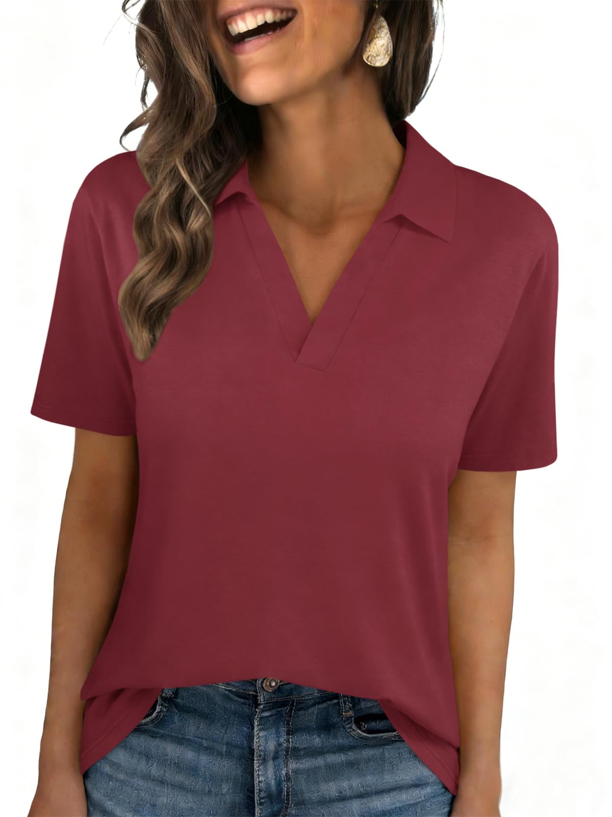 Womens Polo Shirts Short Sleeve V Neck Collared Business Summer Blouse Top