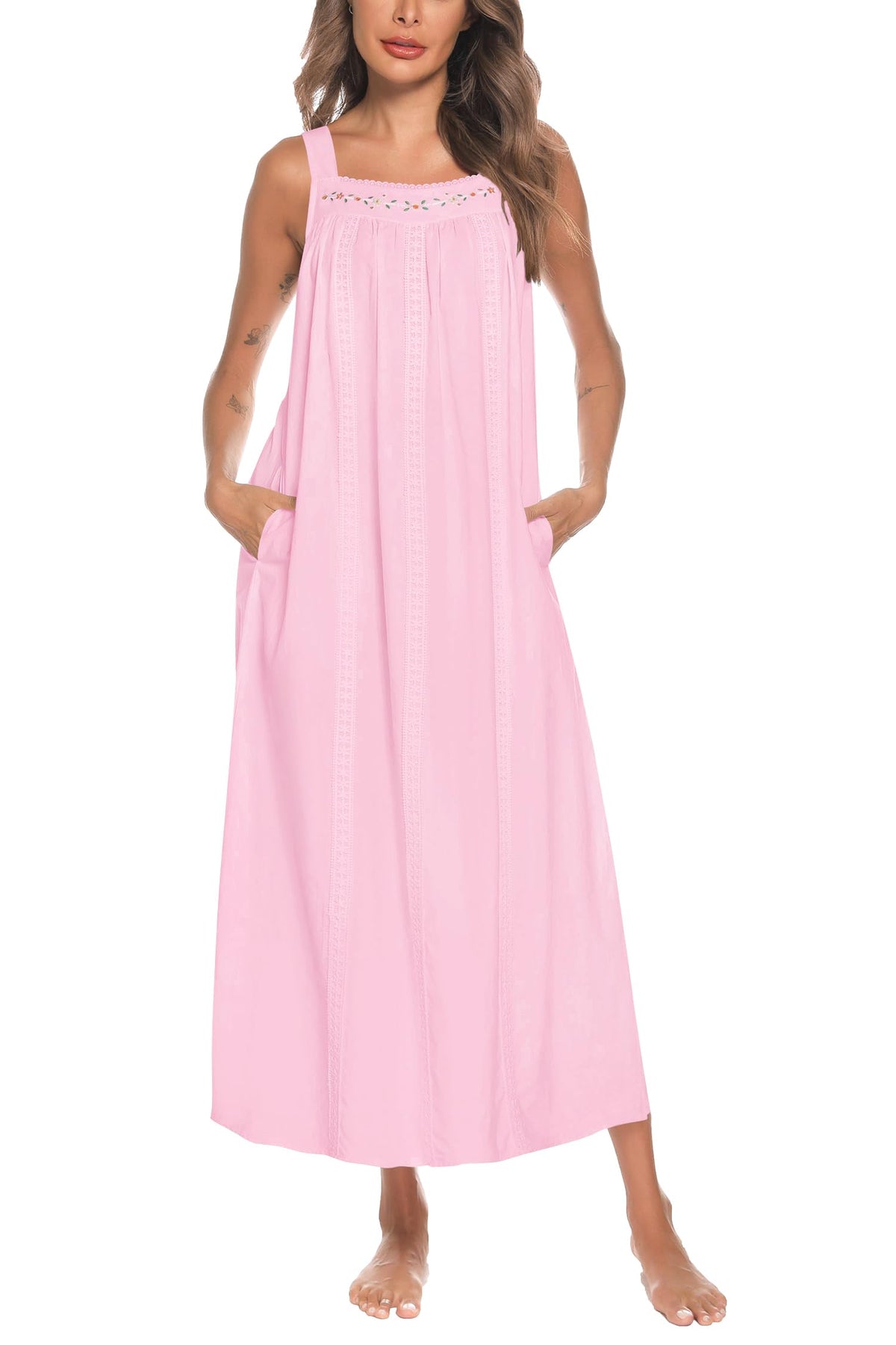 YOZLY Cotton Nightgowns for Women Embroidery Sleeveless Night Gown with Pockets S-XXXL