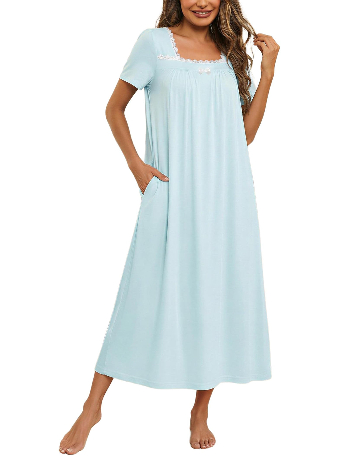Ekouaer Cotton Long Nightgowns for Women Vintage House Dress with Pockets