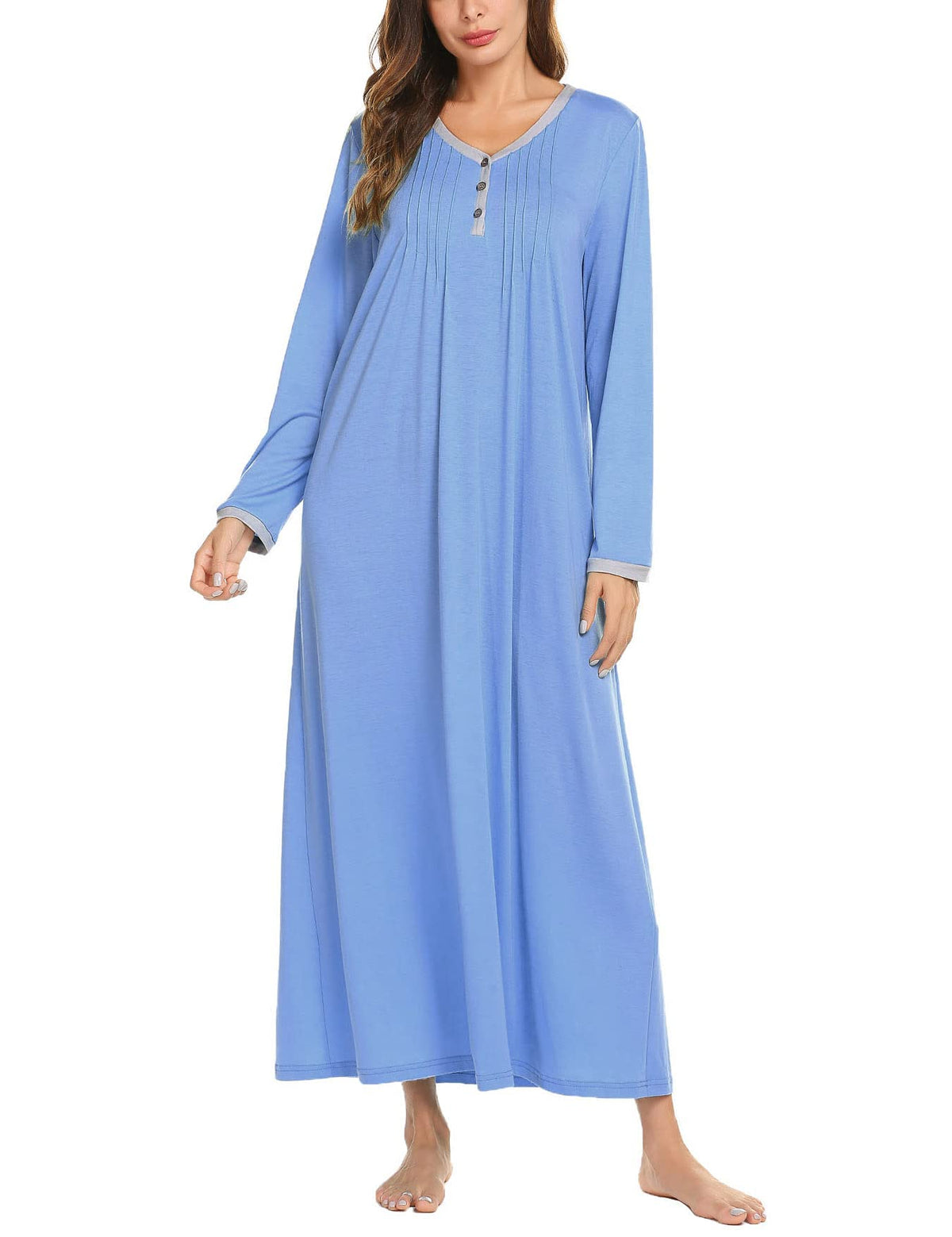 Ekouaer Women's Long Sleeve Nightgown Full Length Sleepwear Long Sleepshirts Henley Sleep Dress