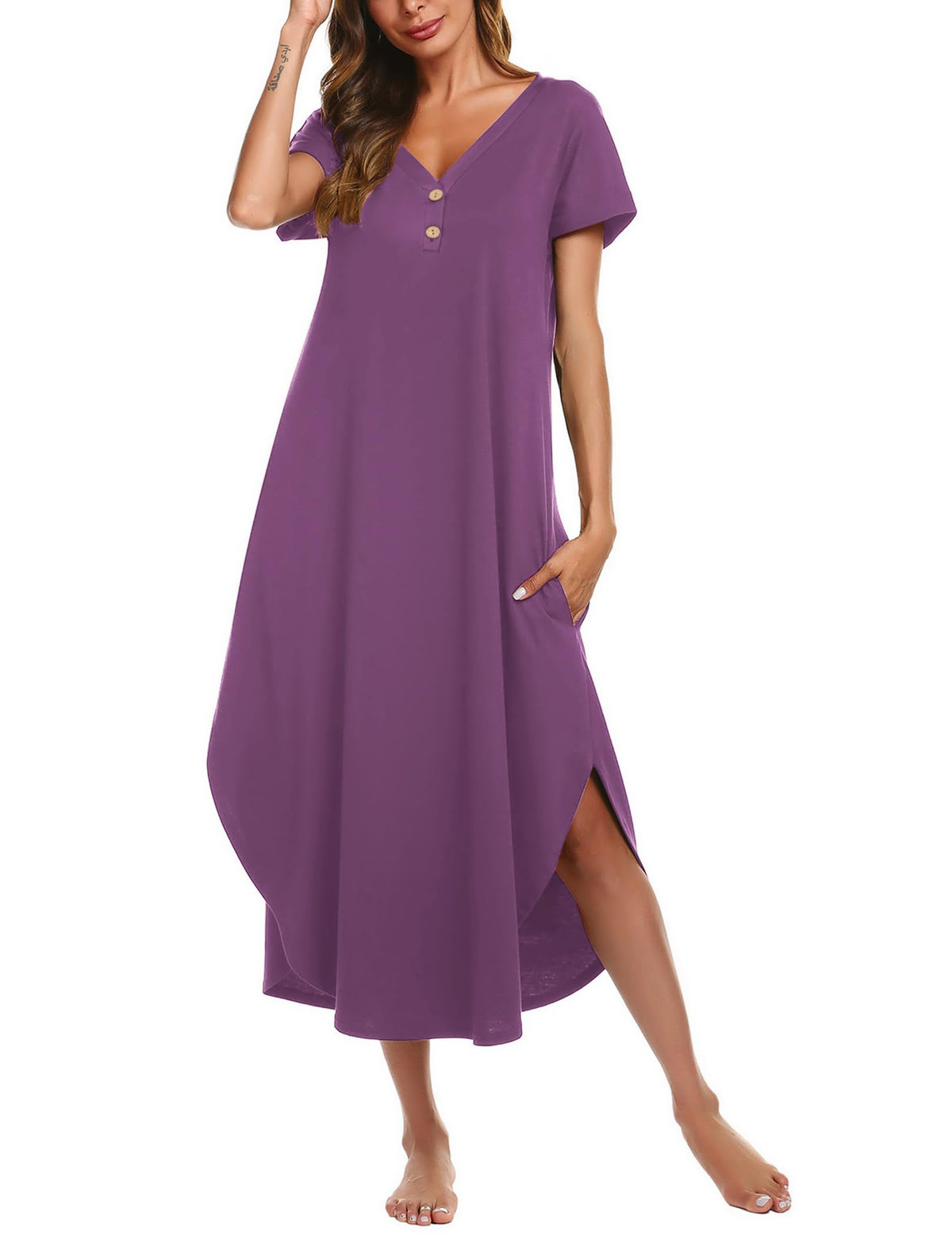 Ekouaer Long Nightgowns For Women Short Sleeve Midi Nightgown With Pockets