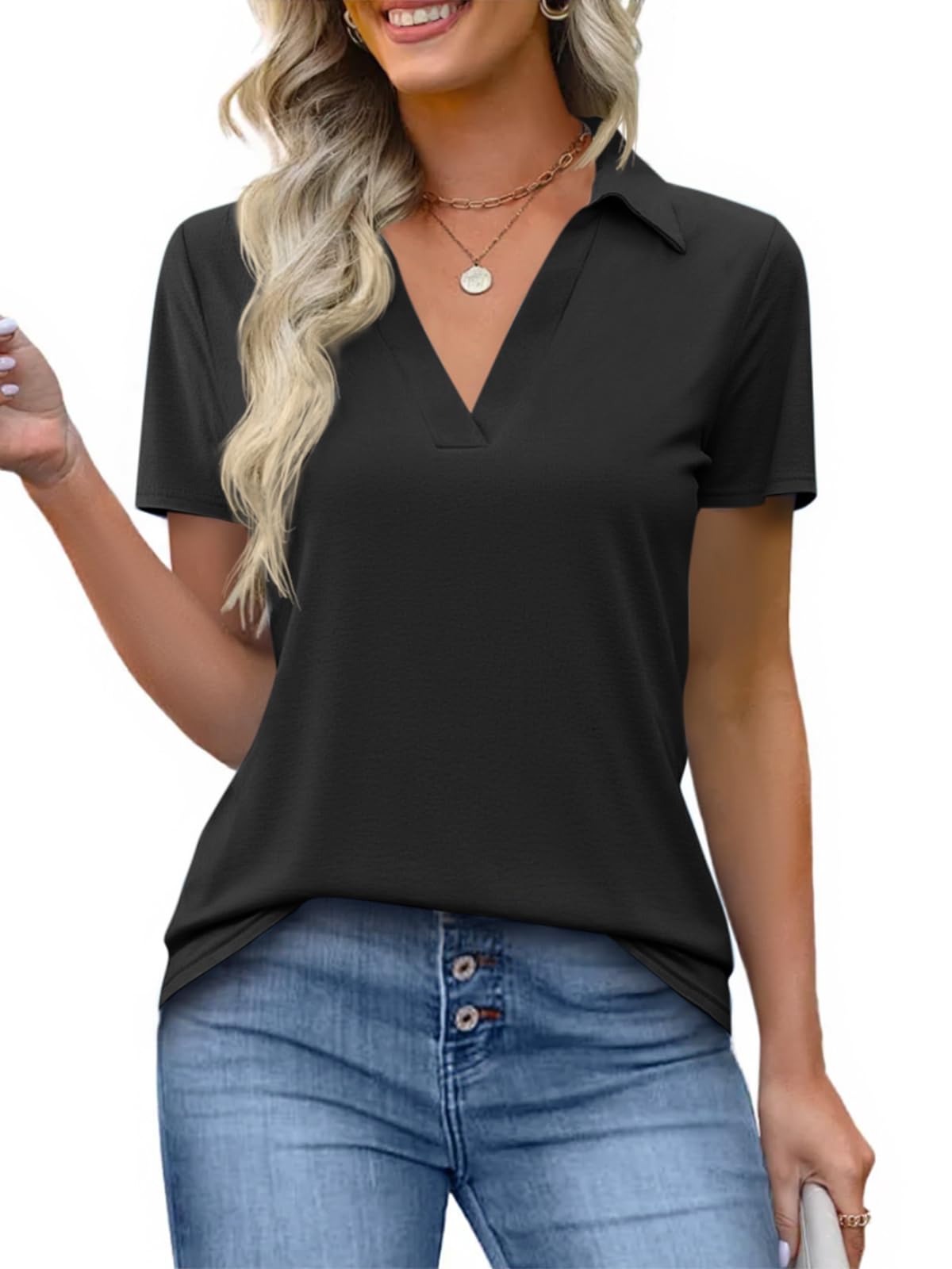 Imily Bela Womens Short Sleeve Polo Shirts V Neck Collared Tops