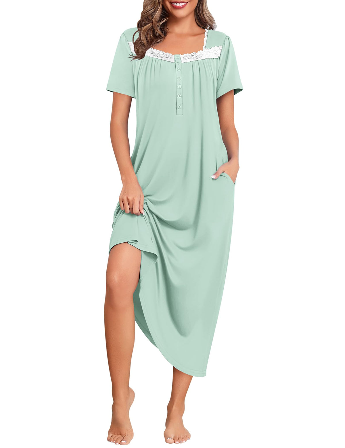 Ekouaer Long Nightgowns for Women Short Sleeve House Dress with Pockets