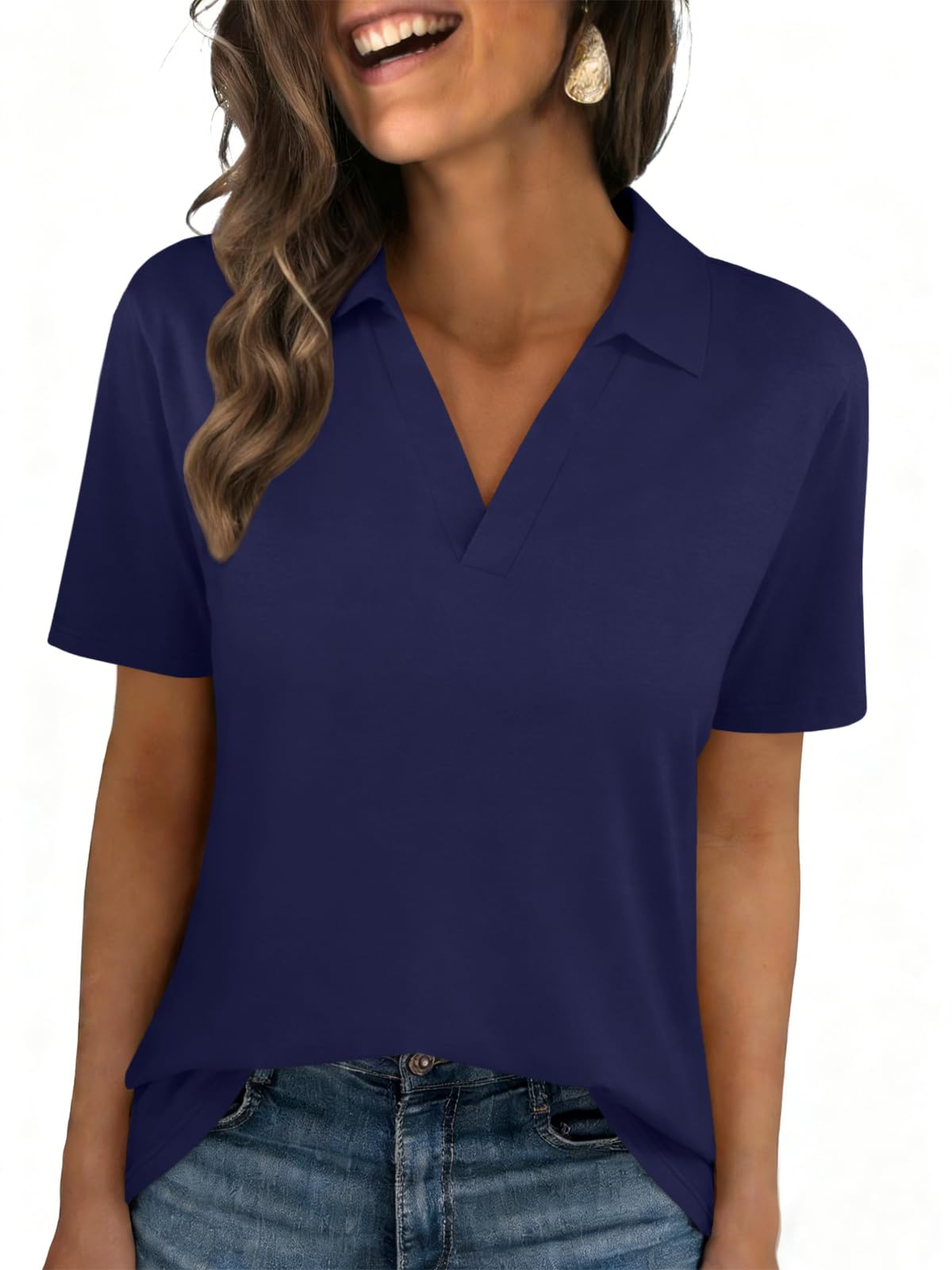 Womens Polo Shirts Short Sleeve V Neck Collared Business Summer Blouse Top
