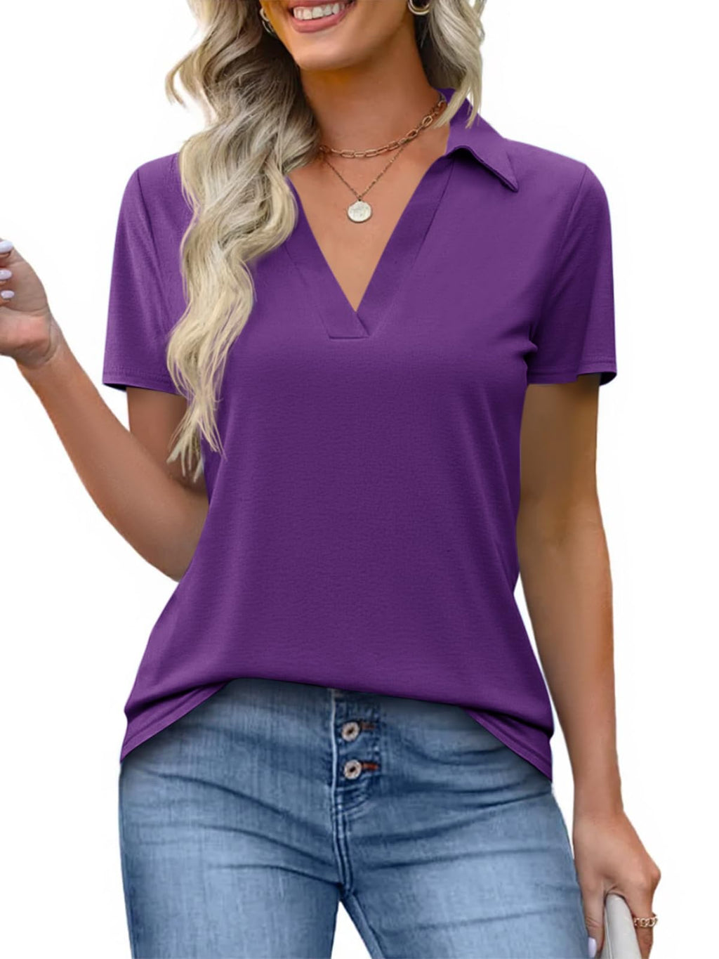 Imily Bela Womens Short Sleeve Polo Shirts V Neck Collared Tops