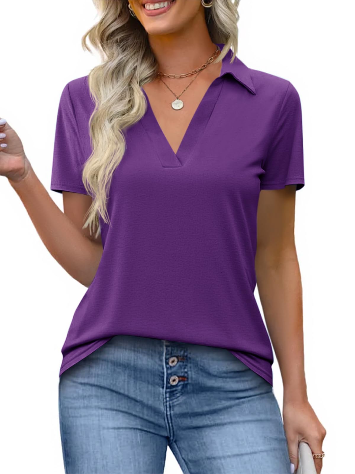 Imily Bela Womens Short Sleeve Polo Shirts V Neck Collared Tops