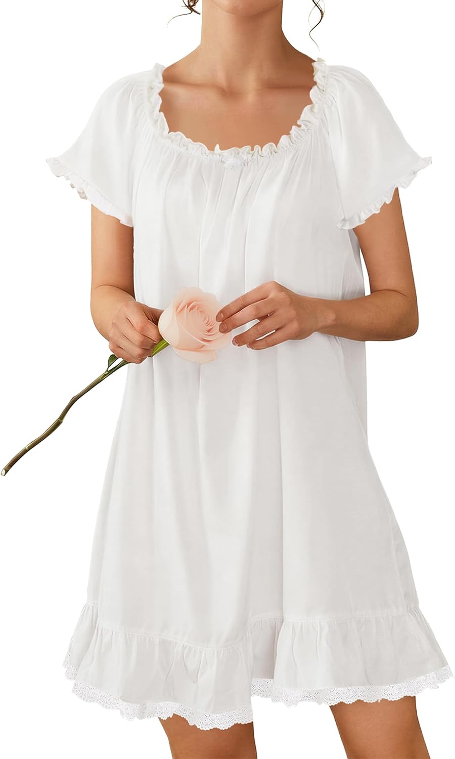 Ekouaer Cotton Nightgowns for Women Short Sleeve Victorian Night Gowns
