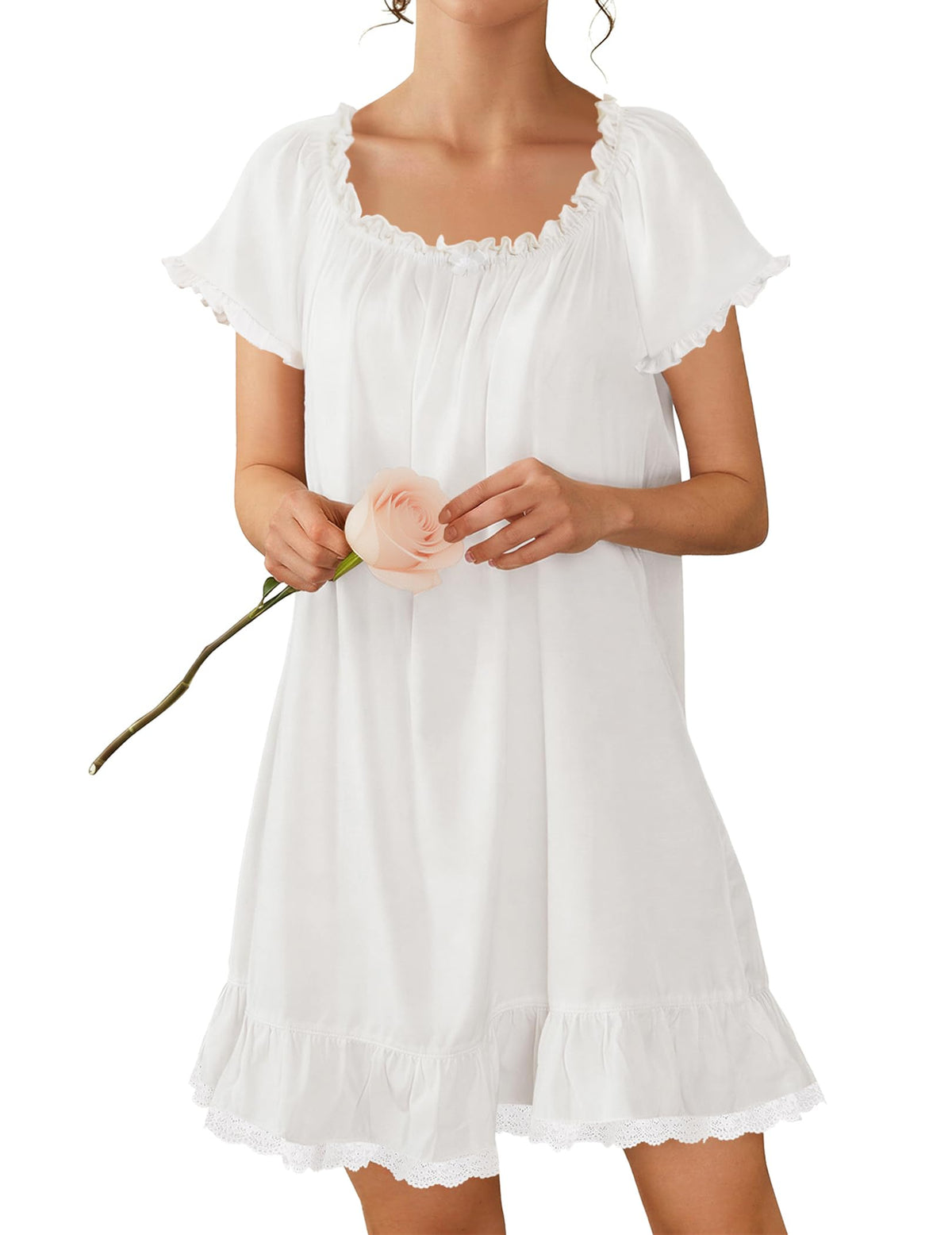 Ekouaer Cotton Nightgowns for Women Short Sleeve Victorian Night Gowns