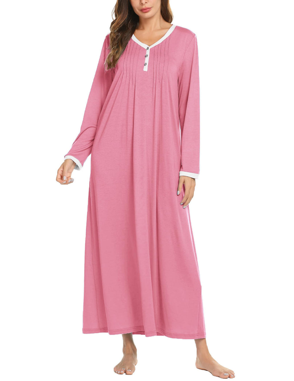 Ekouaer Women's Long Sleeve Nightgown Full Length Sleepwear Long Sleepshirts Henley Sleep Dress