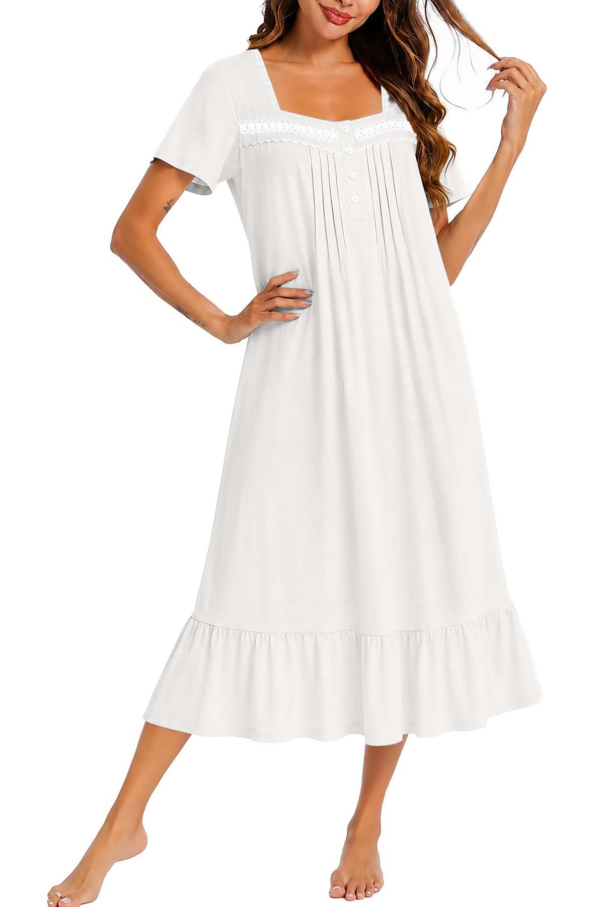 Ekouaer Cotton Long Nightgowns for Women Short Sleeve Button House Dress