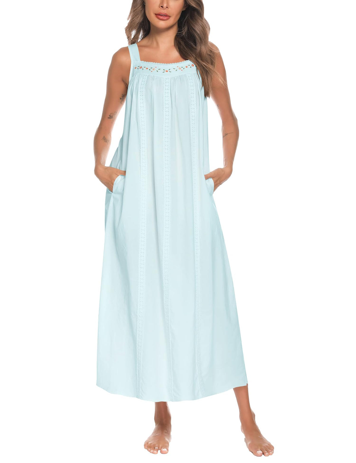 YOZLY Cotton Nightgowns for Women Embroidery Sleeveless Night Gown with Pockets S-XXXL