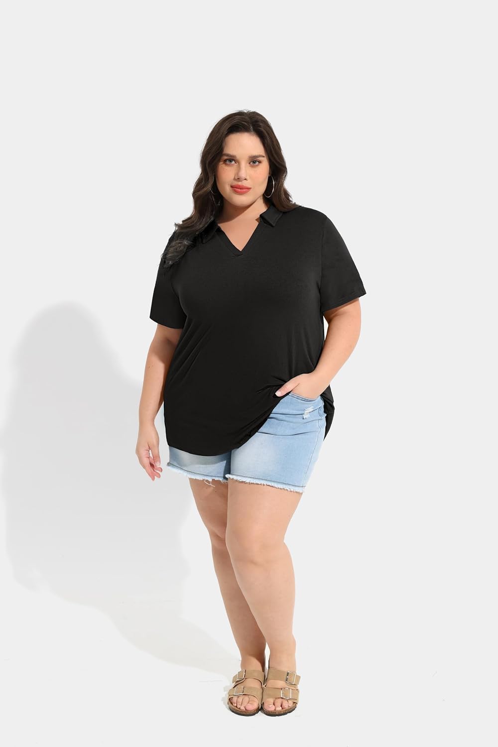 TIYOMI Plus Size Collared Polo Shirts Summer Short Sleeve V Neck Business Tops for Women XL-5XL