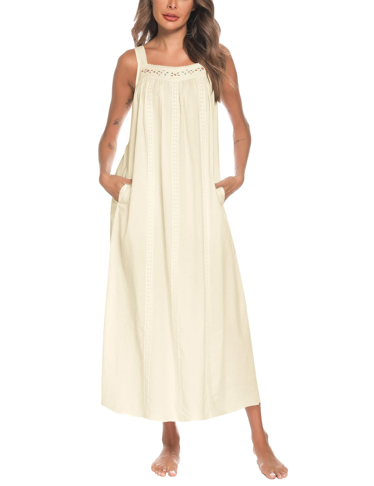 YOZLY Cotton Nightgowns for Women Embroidery Sleeveless Night Gown with Pockets S-XXXL