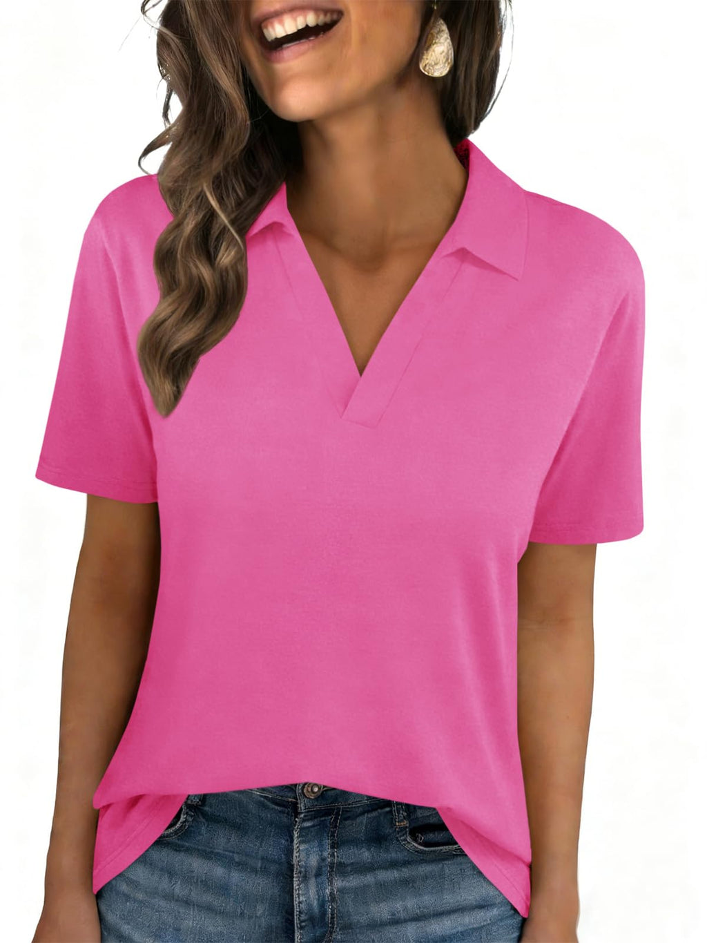 Womens Polo Shirts Short Sleeve V Neck Collared Business Summer Blouse Top