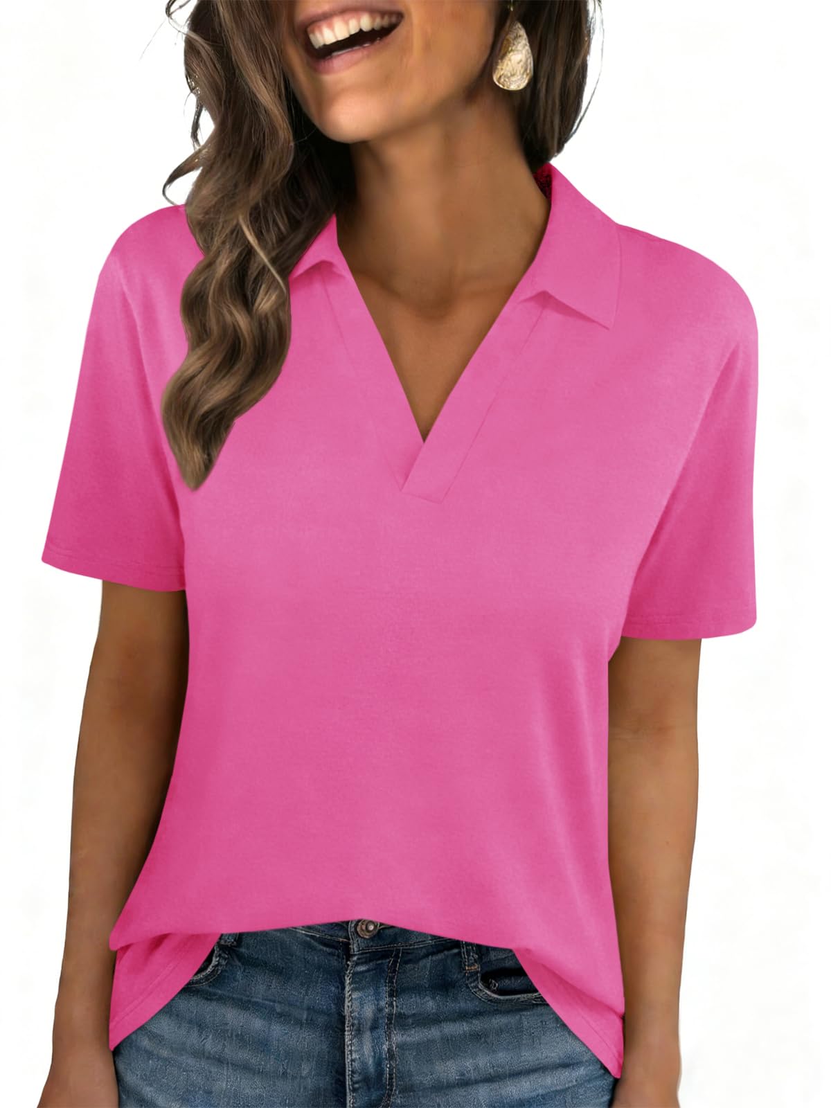 Womens Polo Shirts Short Sleeve V Neck Collared Business Summer Blouse Top