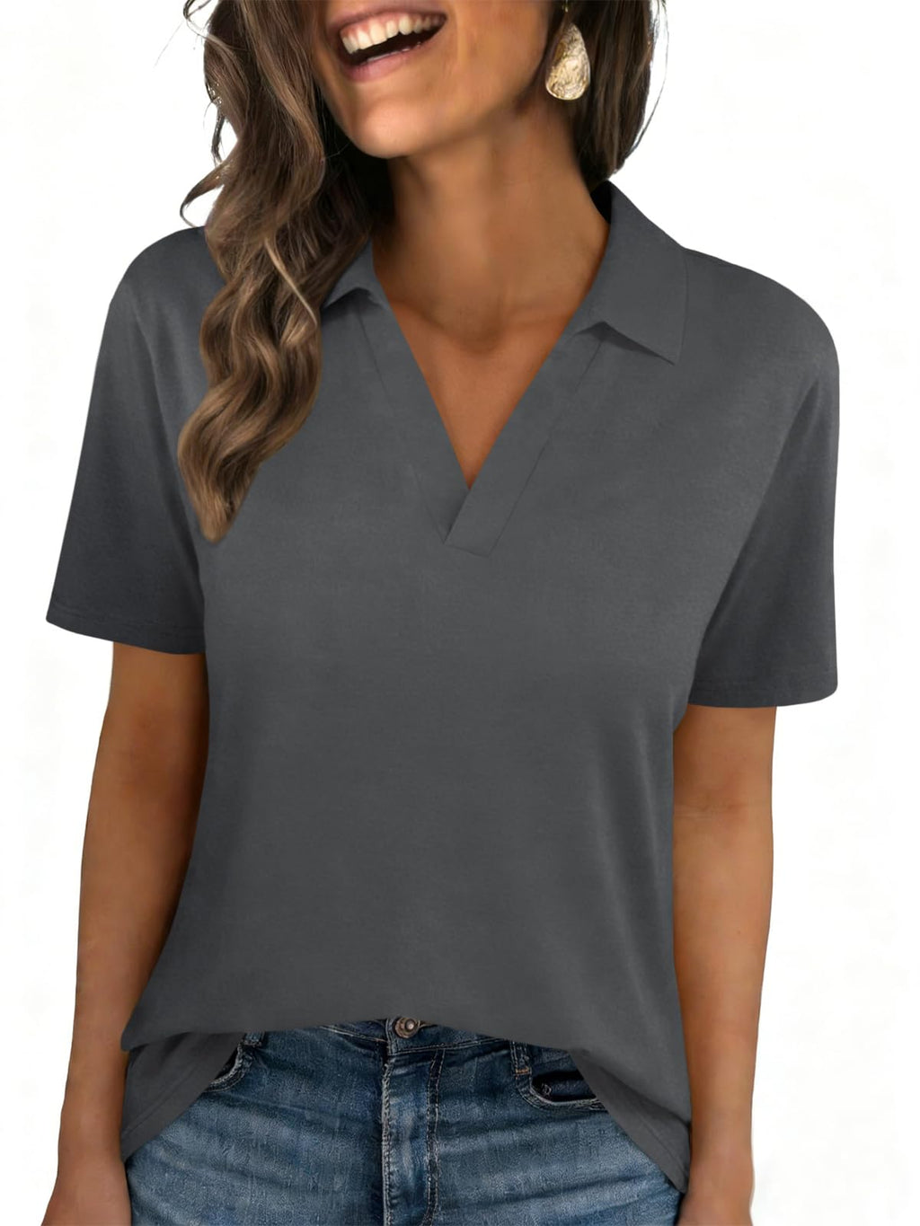 Womens Polo Shirts Short Sleeve V Neck Collared Business Summer Blouse Top