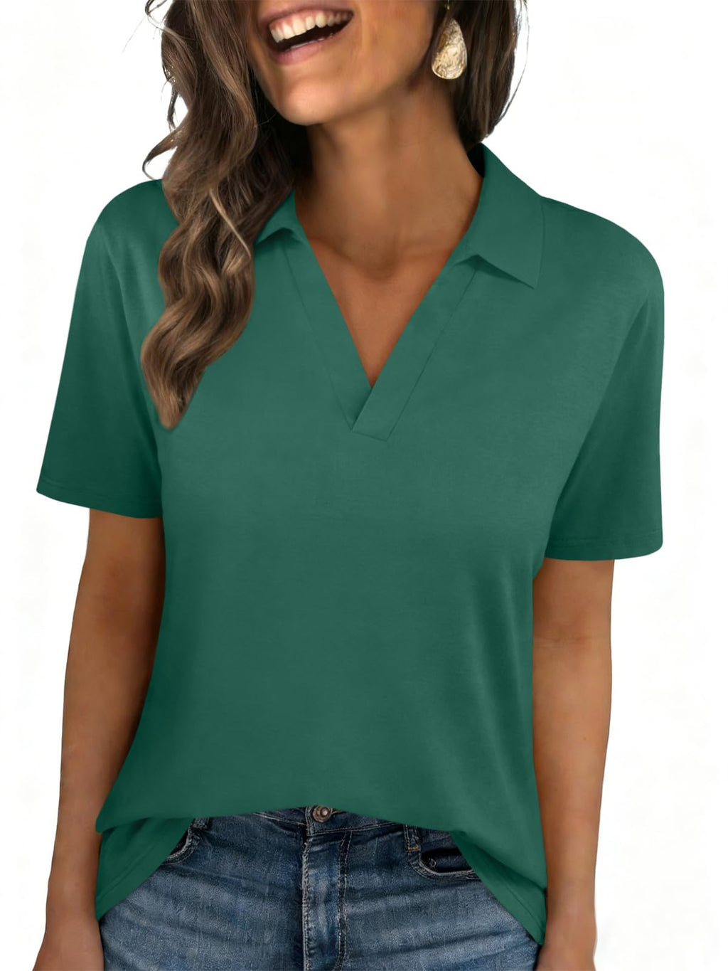 Womens Polo Shirts Short Sleeve V Neck Collared Business Summer Blouse Top