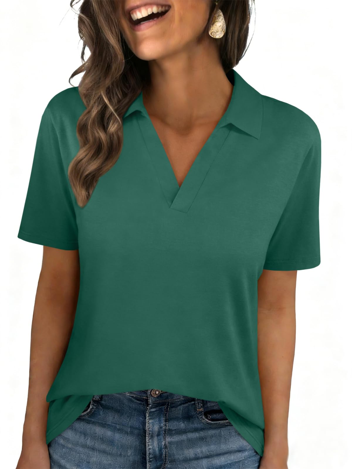 Womens Polo Shirts Short Sleeve V Neck Collared Business Summer Blouse Top