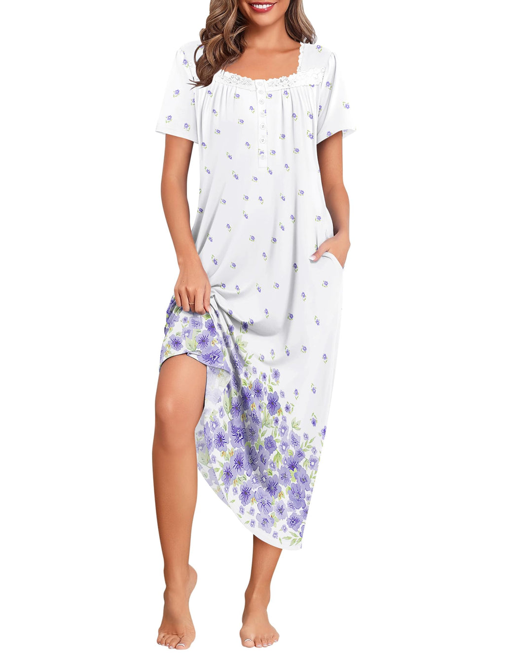 Ekouaer Long Nightgowns for Women Short Sleeve House Dress with Pockets