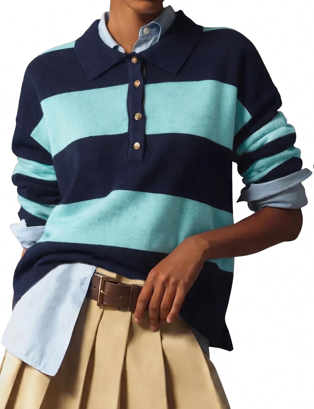 Wyeysyt Polo Sweater Women Rugby Shirt Striped Collared Sweaters