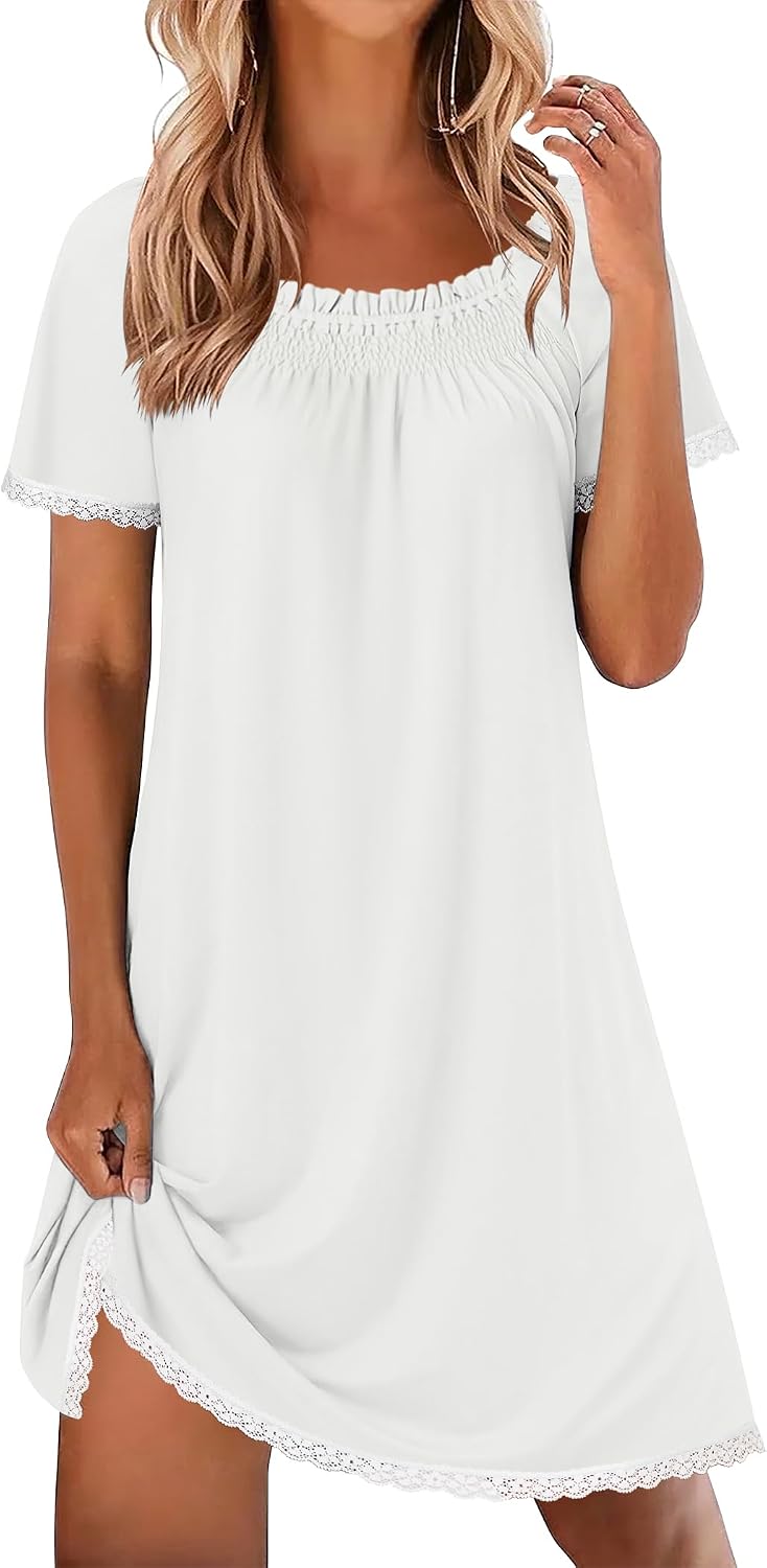 Ekouaer Cotton Nightgowns for Women Short Sleeve Pleated Sleep Shirts