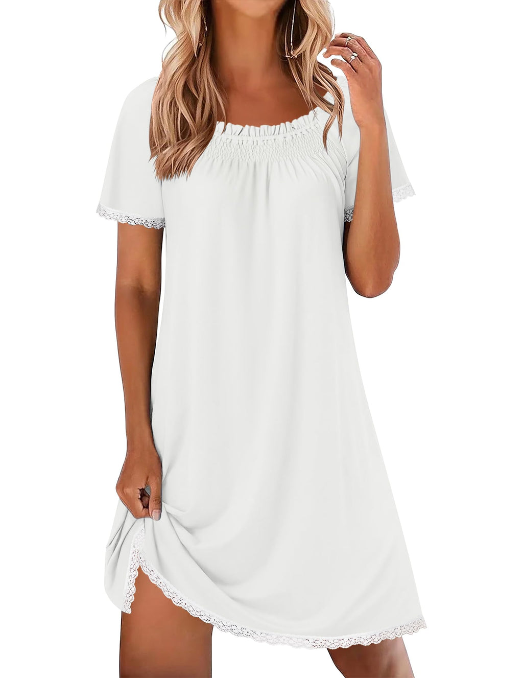 Ekouaer Cotton Nightgowns for Women Short Sleeve Pleated Sleep Shirts