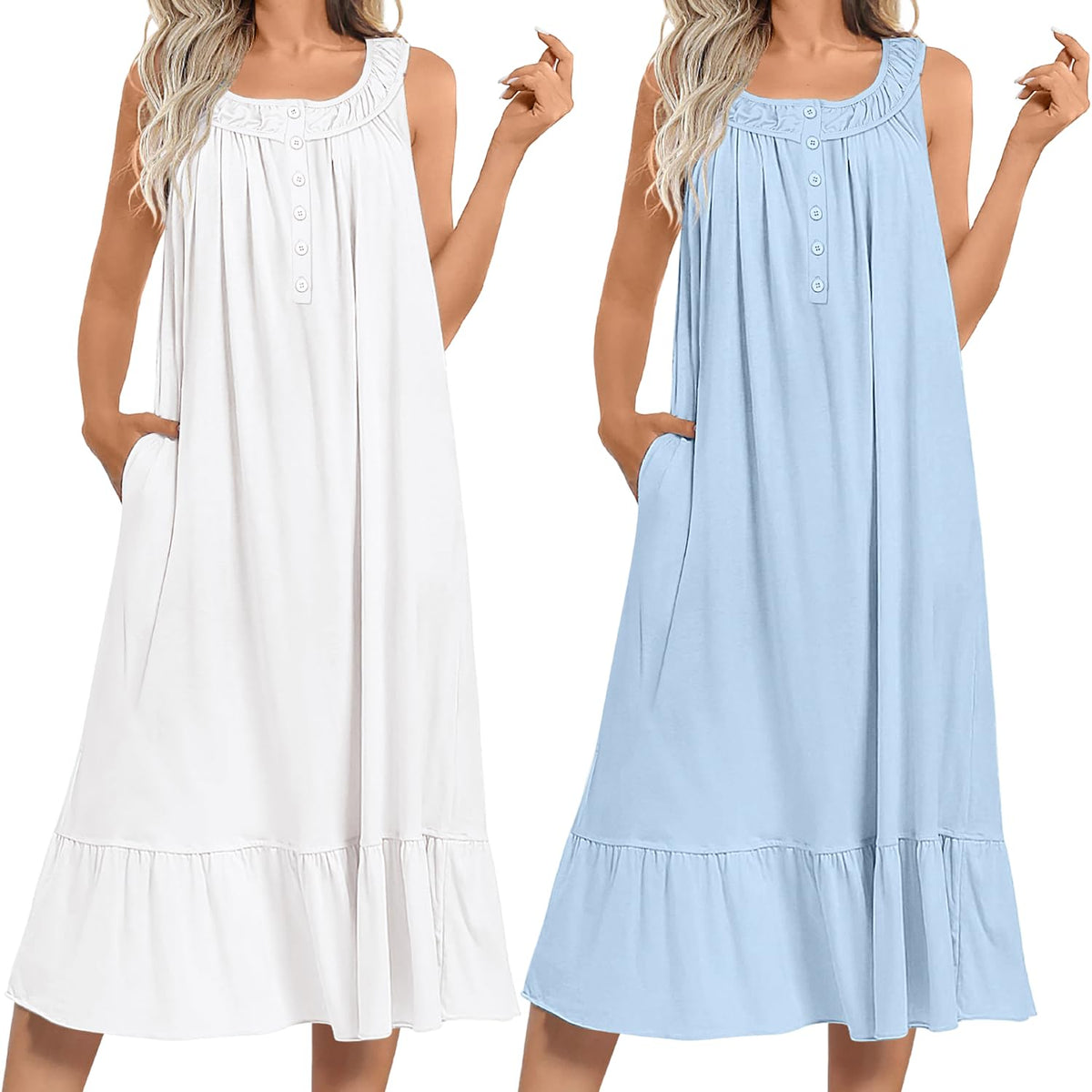 Ekouaer 2 Pack Nightgowns for Women Sleeveless Long Night Gowns Victorian Nightdress with Pockets Soft Ladies Gown