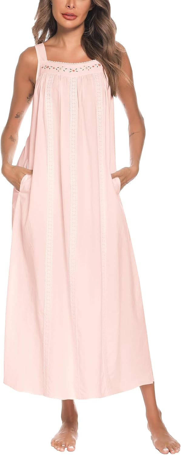 YOZLY Cotton Nightgowns for Women Embroidery Sleeveless Night Gown with Pockets S-XXXL