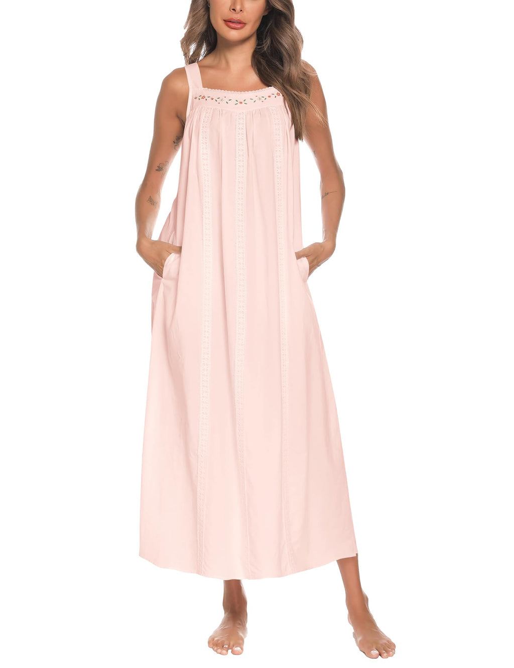 YOZLY Cotton Nightgowns for Women Embroidery Sleeveless Night Gown with Pockets S-XXXL