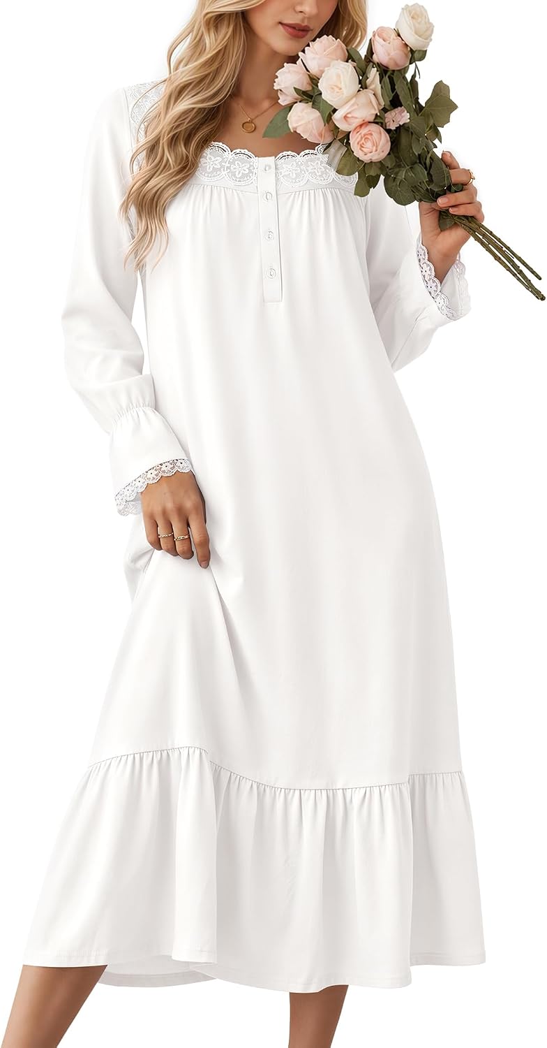 Ekouaer Cotton Nightgowns for Women Long Sleeve Night Gown Lace Sleepwear