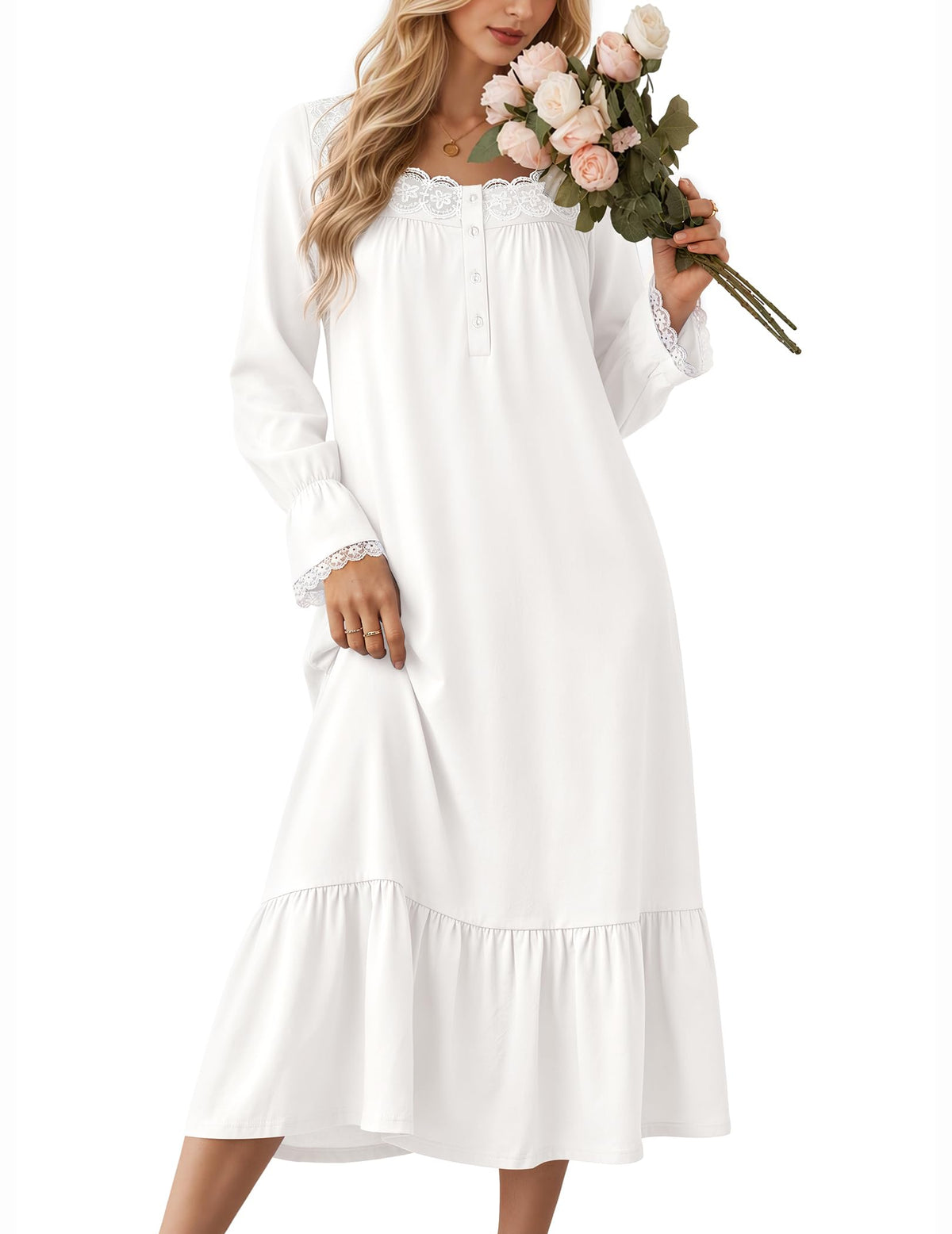 Ekouaer Cotton Nightgowns for Women Long Sleeve Night Gown Lace Sleepwear