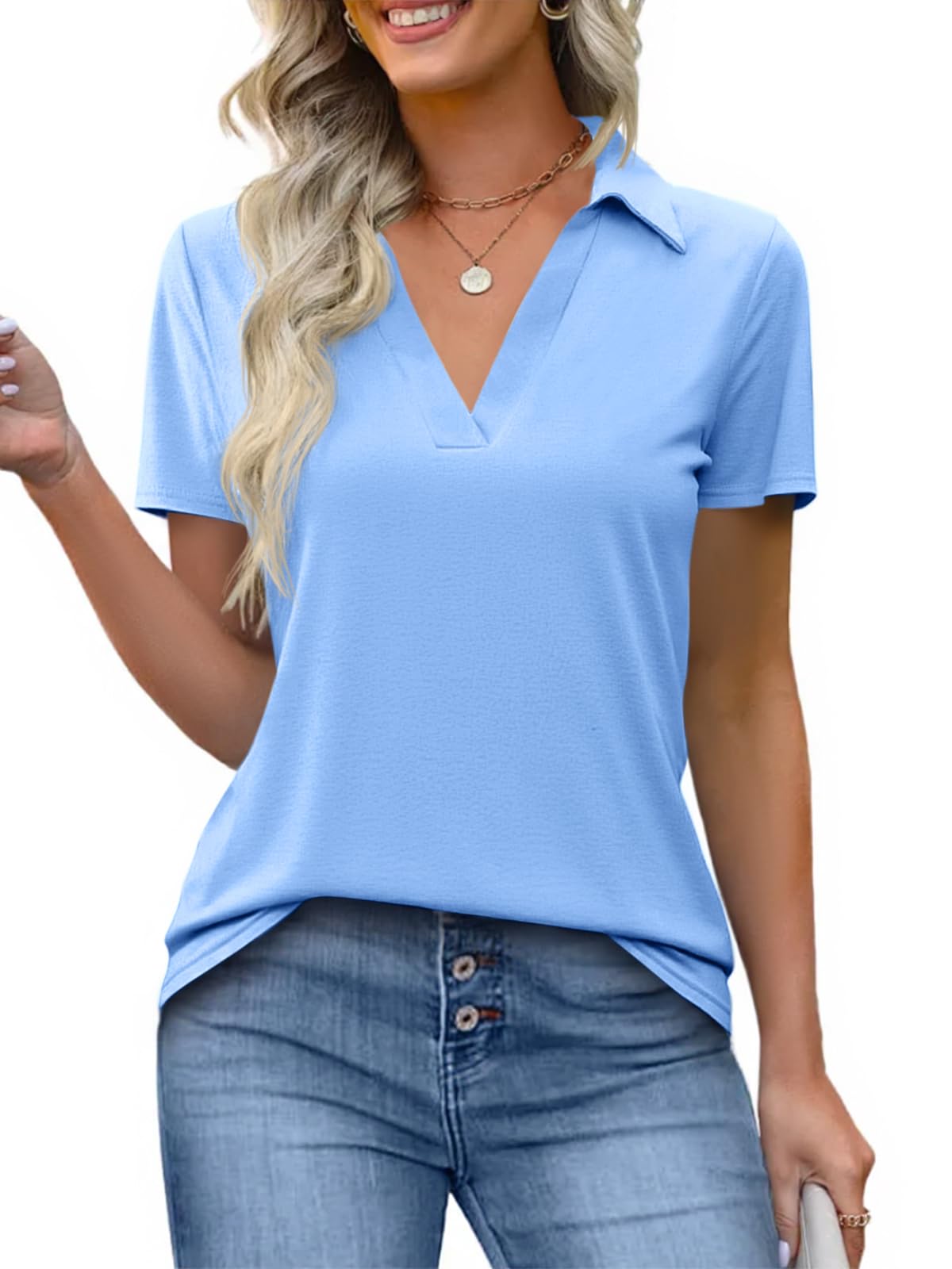 Imily Bela Womens Short Sleeve Polo Shirts V Neck Collared Tops